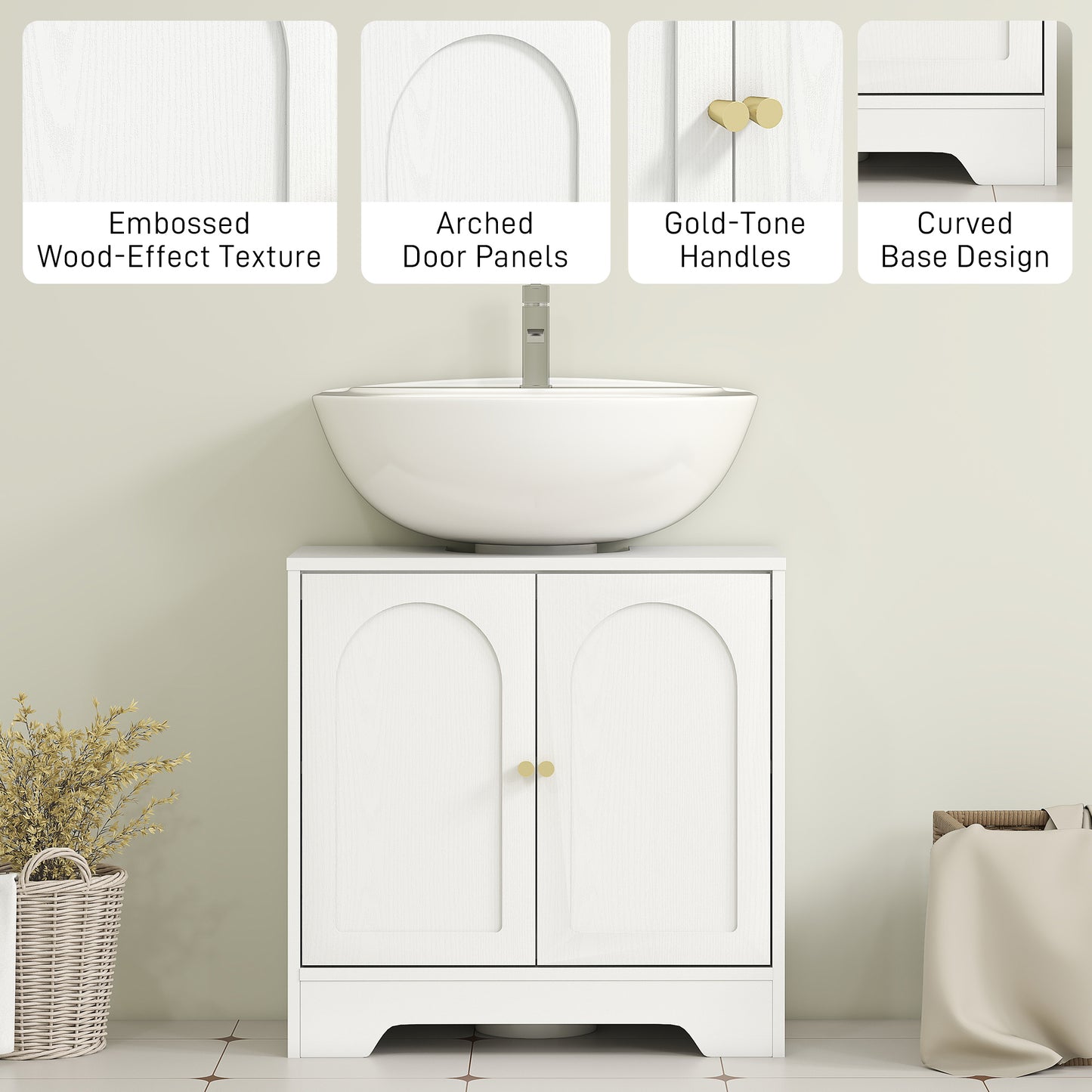 HOMCOM Under Sink Bathroom Cabinet White With Double Doors Fits Most Basins Three Level Adjustable Shelf Behind Doors