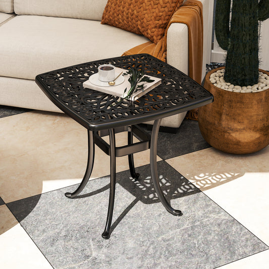 Outsunny Outdoor Cast Aluminium Square End Table With Umbrella Hole And Anti Slip Foot Pads 54x54 cm Black