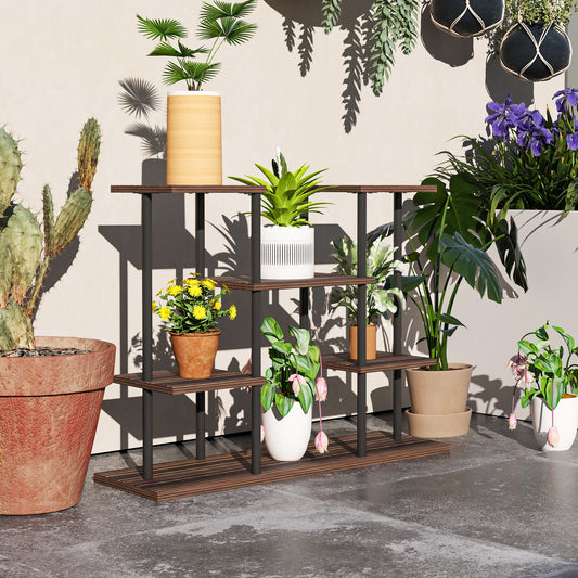 Outsunny Four Tier Wooden Plant Stand With Metal Frame For Indoor Plants And Shelving