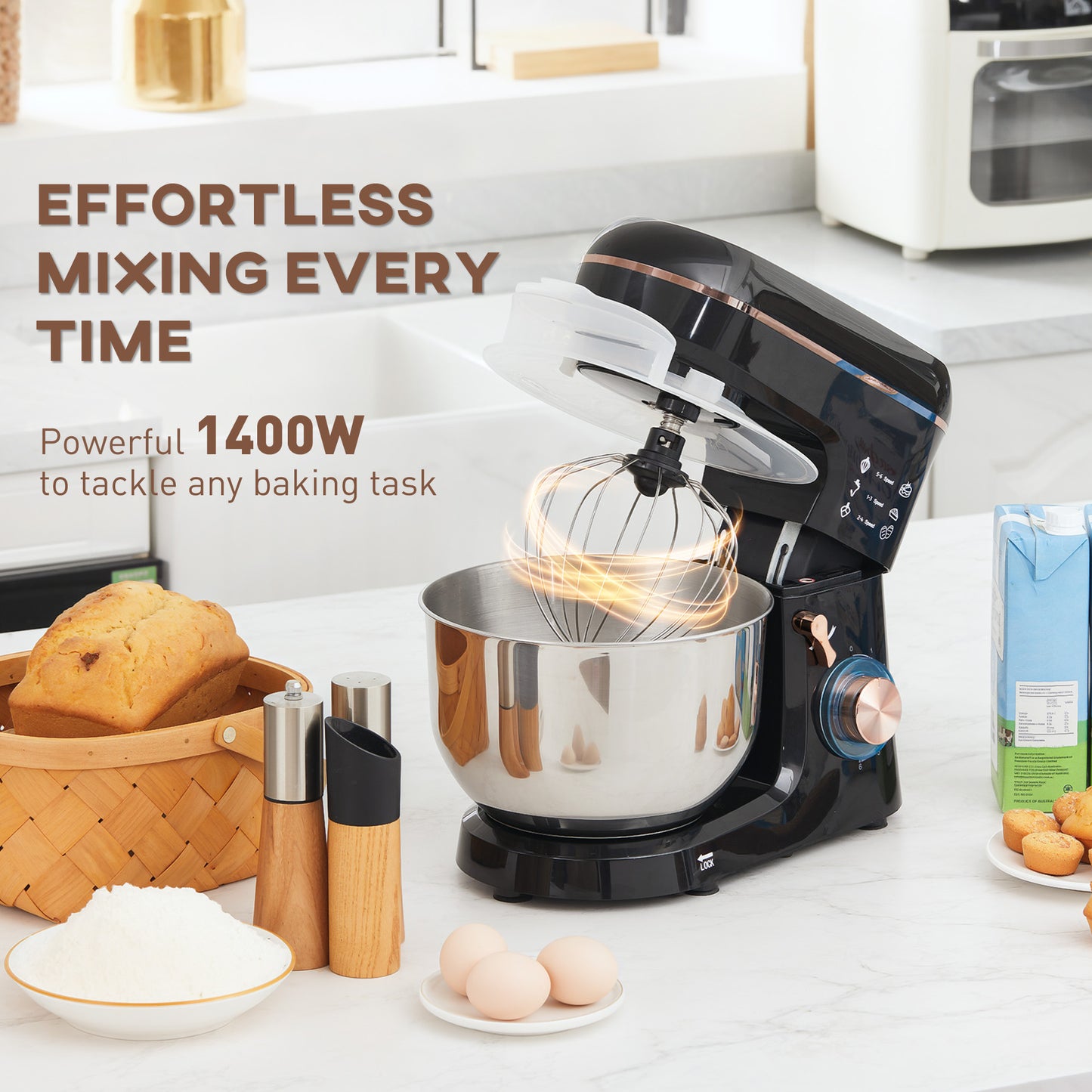 HOMCOM Stand Mixer 1400W 6 Speed Pulse Tilt Head with 5L Stainless Steel Bowl Dough Hook Whisk Splash Guard Beater
