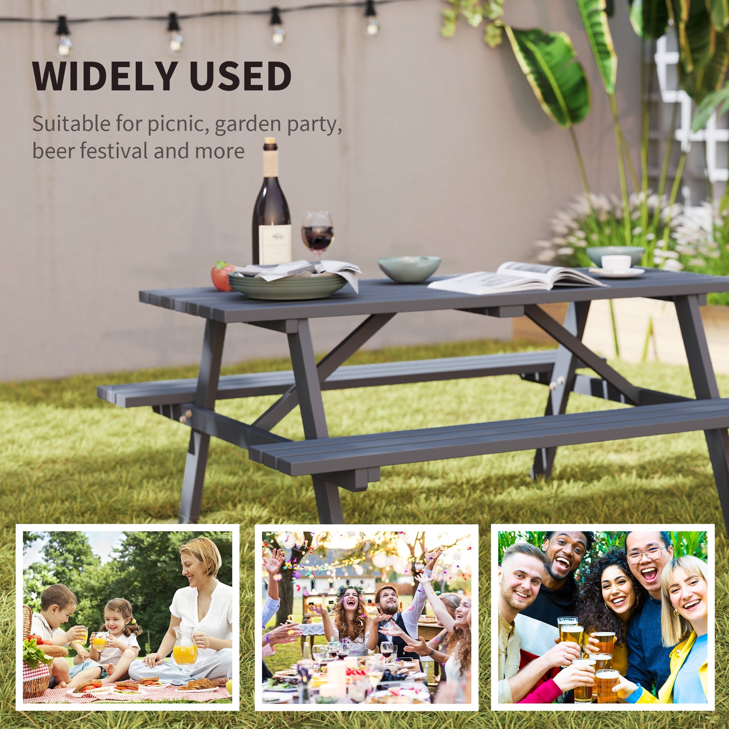 Outsunny 6 Seater Wooden Picnic Table Bench For Outdoor Garden And Patio With Parasol Cutout 150 Cm Grey