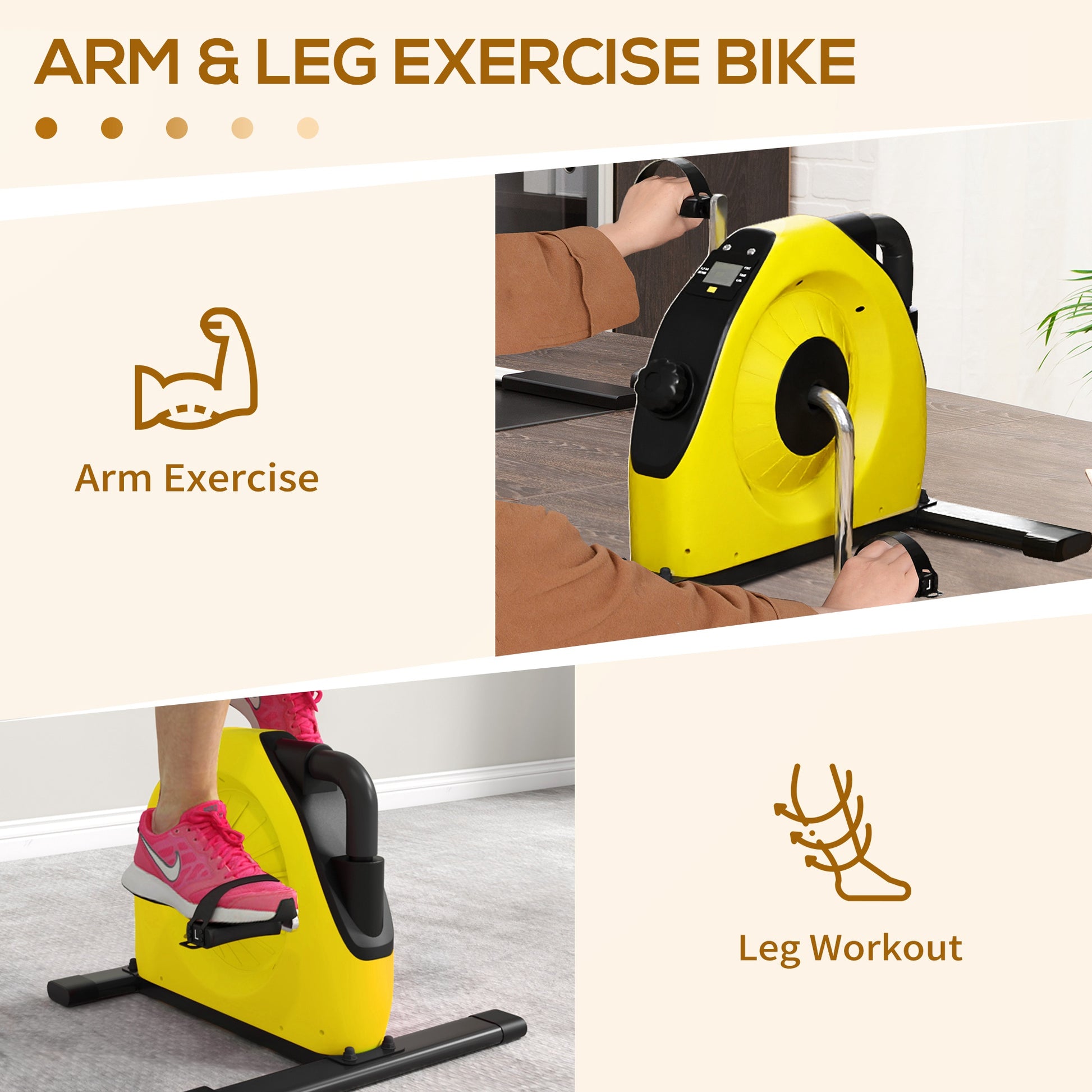 SPORTNOW Portable Pedal Exerciser - Mini Exercise Bike for Arm and Leg Rehabilitation with LCD Monitor, Yellow - ALL4U RETAILER LTD