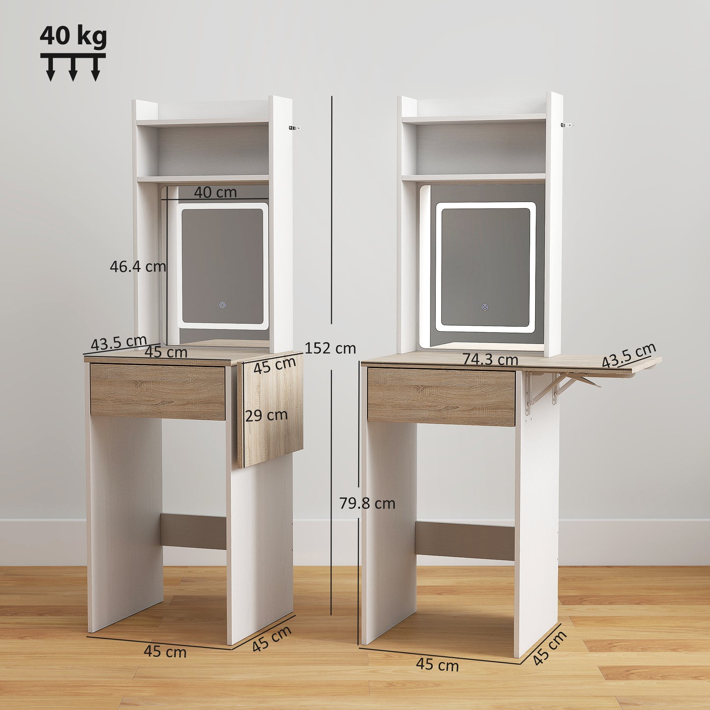 Women's Homcom Small Vanity Desk With Mirror And Led Lights, Compact Dressing Table With Drop Leaf, Open Shelves And Drawer, White