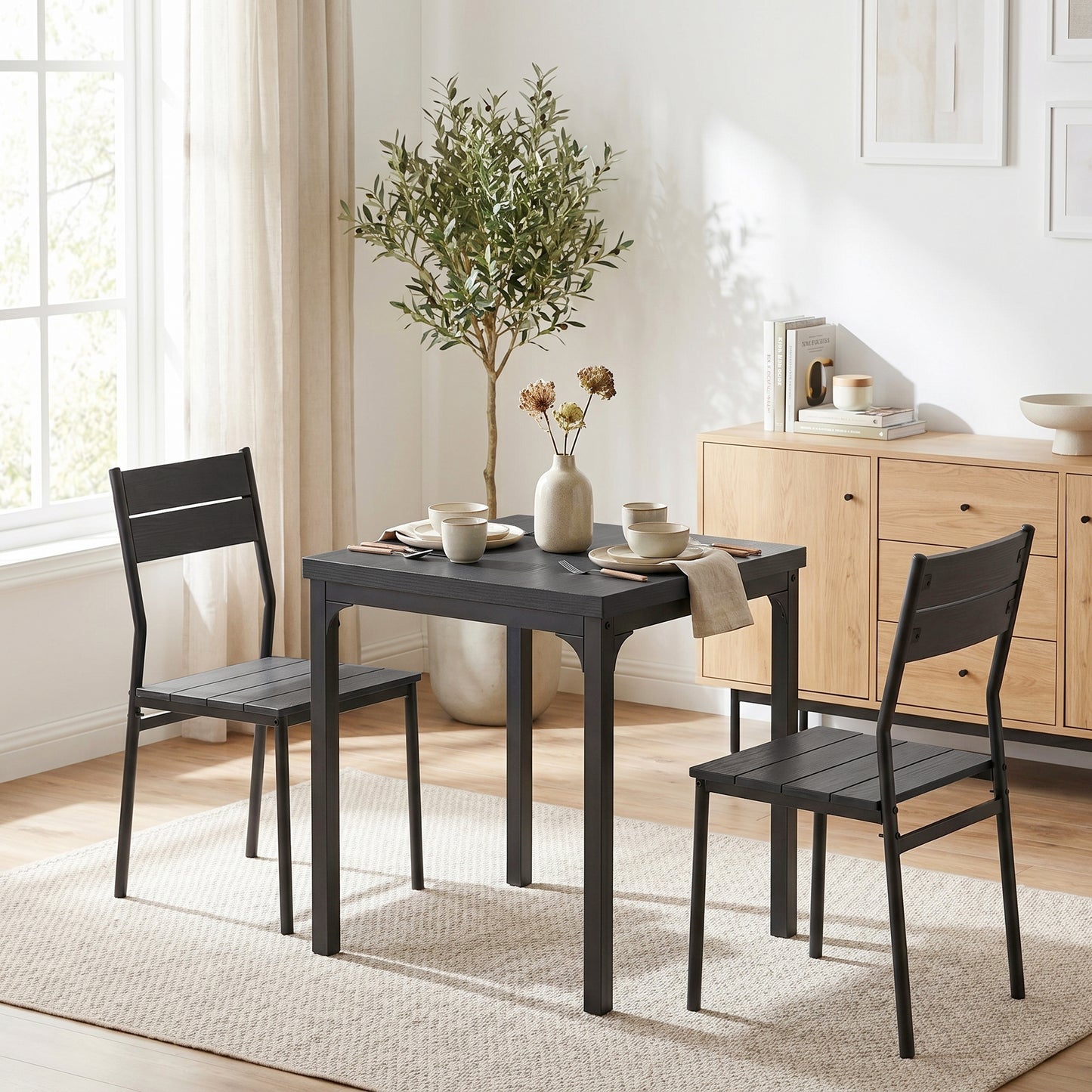 HOMCOM 3 Piece Space Saving Kitchen Table And Chairs Set For 2 With Metal Legs Black Wood Effect