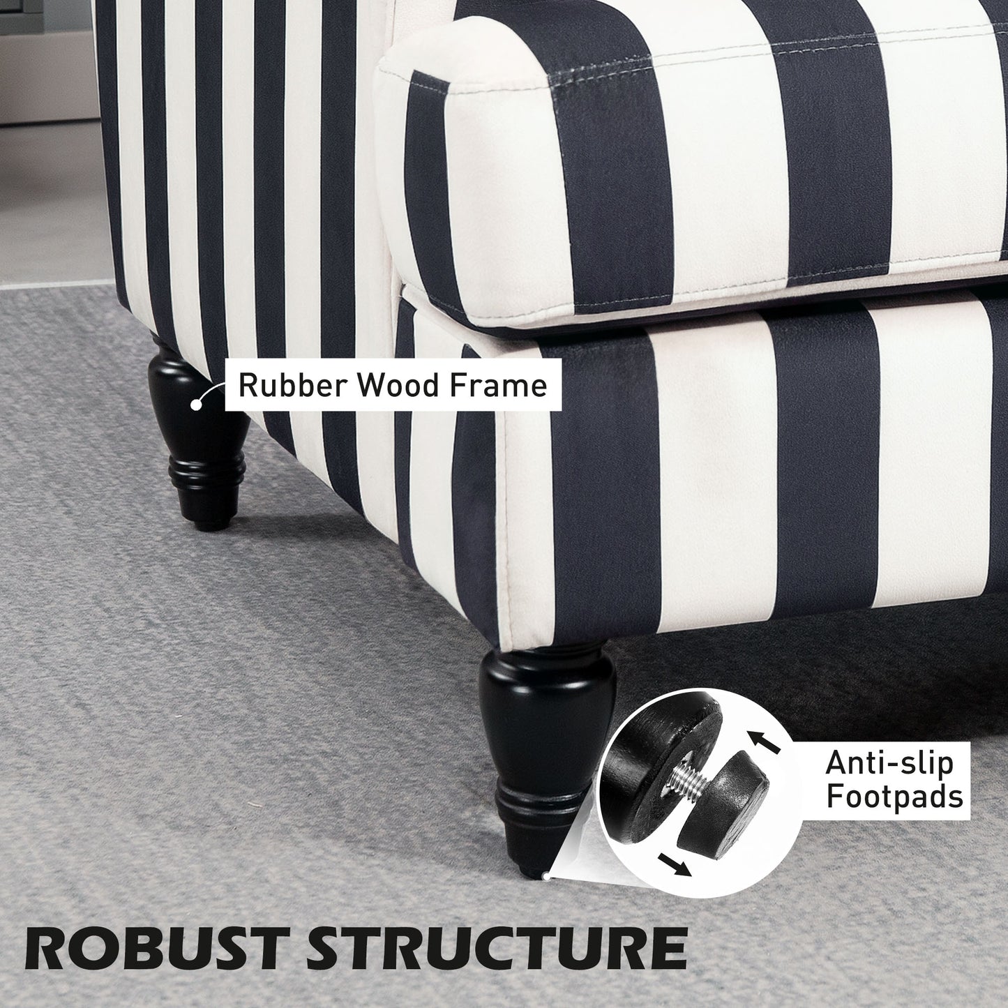 HOMCOM Modern Velvet Cuddle Chair With Stripe Armchair Turned Legs Wide Seat For Living Room And Bedroom Black And White