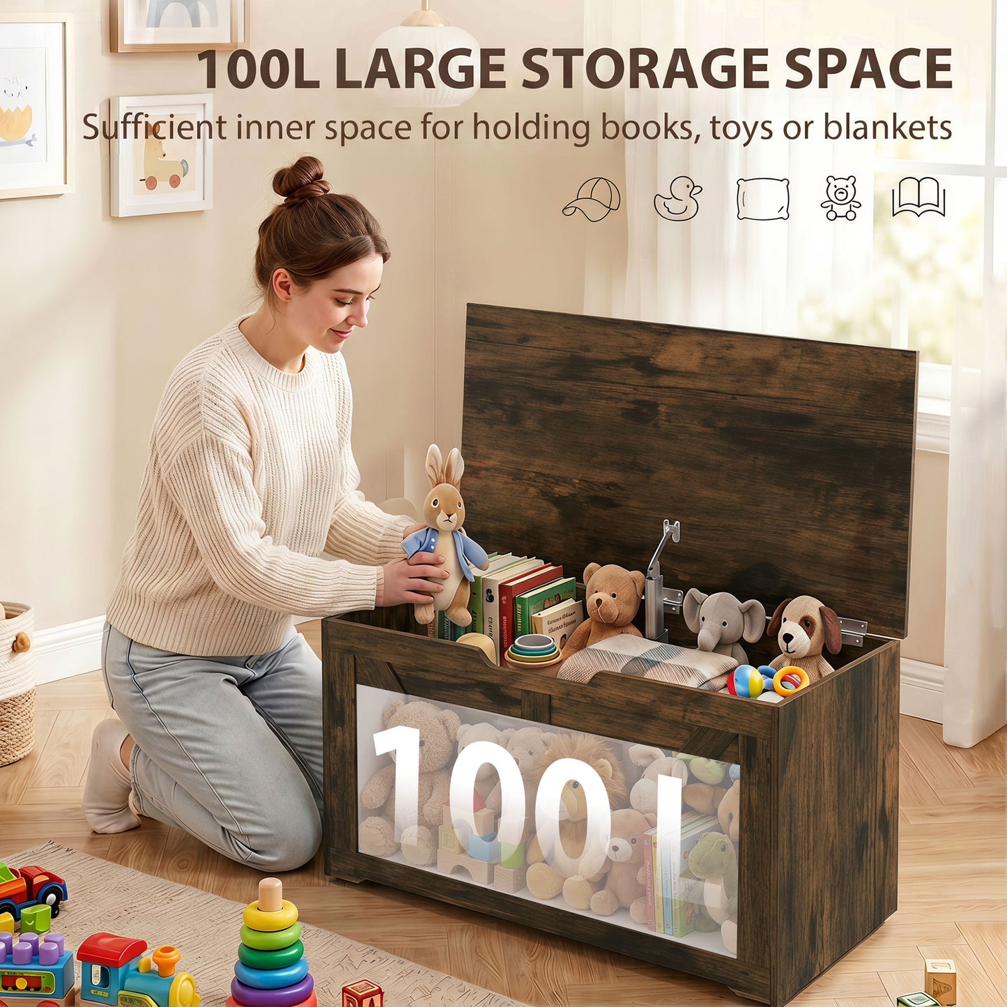 HOMCOM 100L Storage Box With Safety Hinge Rustic Brown Wood Effect Bench Trunk For Home Organization