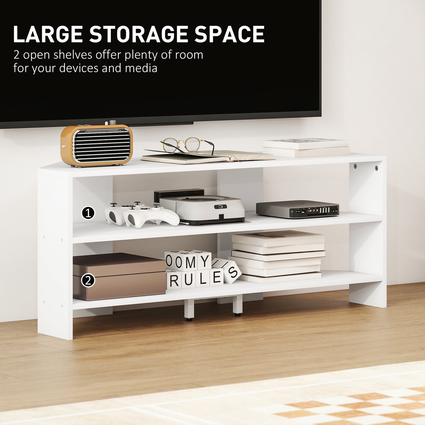 HOMCOM Corner TV Stand For 47 Inch TV With Two Open Shelves White Finish For Modern Living Room