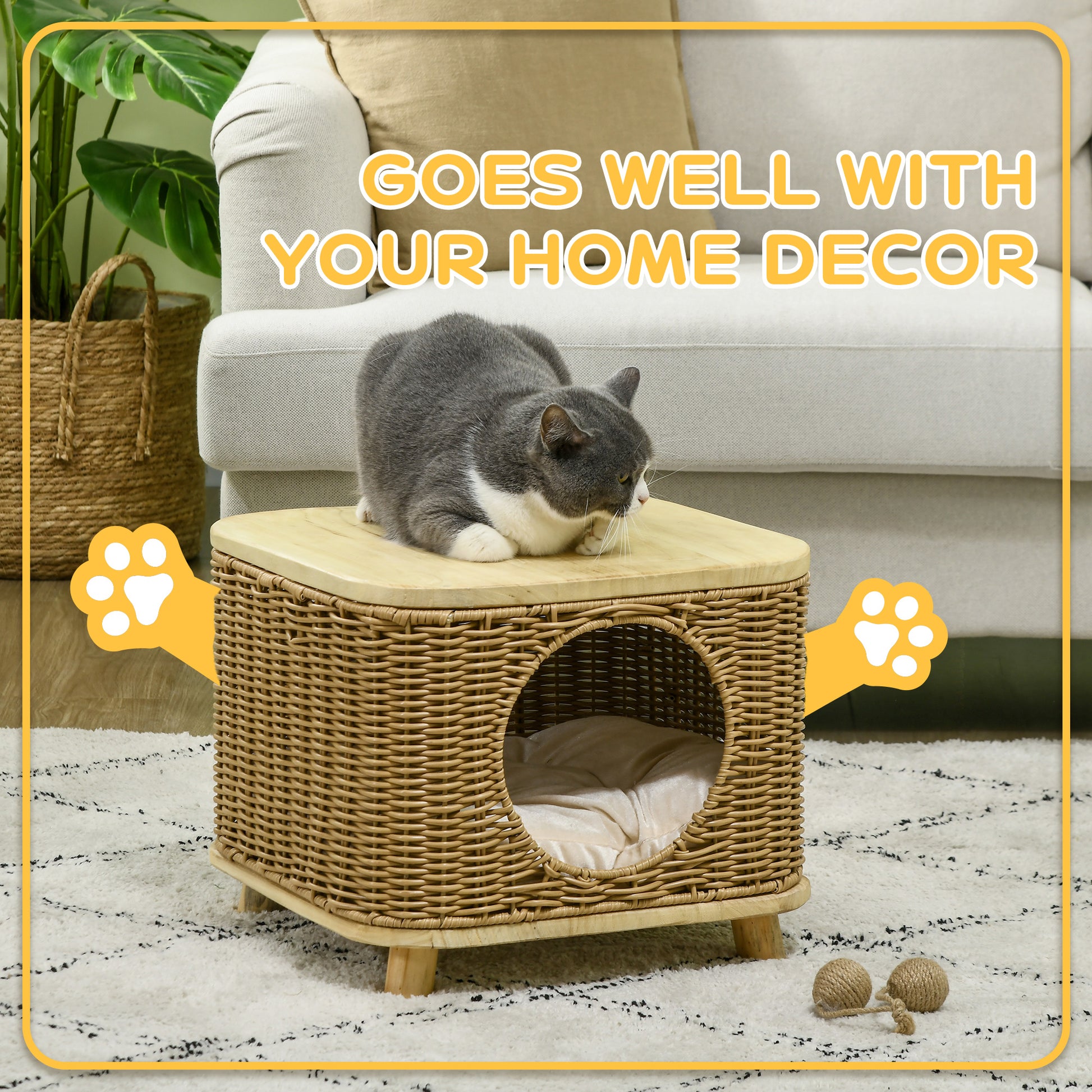 PawHut Chic Elevated Wicker Cat House with Removable Cushion, Light Brown - ALL4U RETAILER LTD