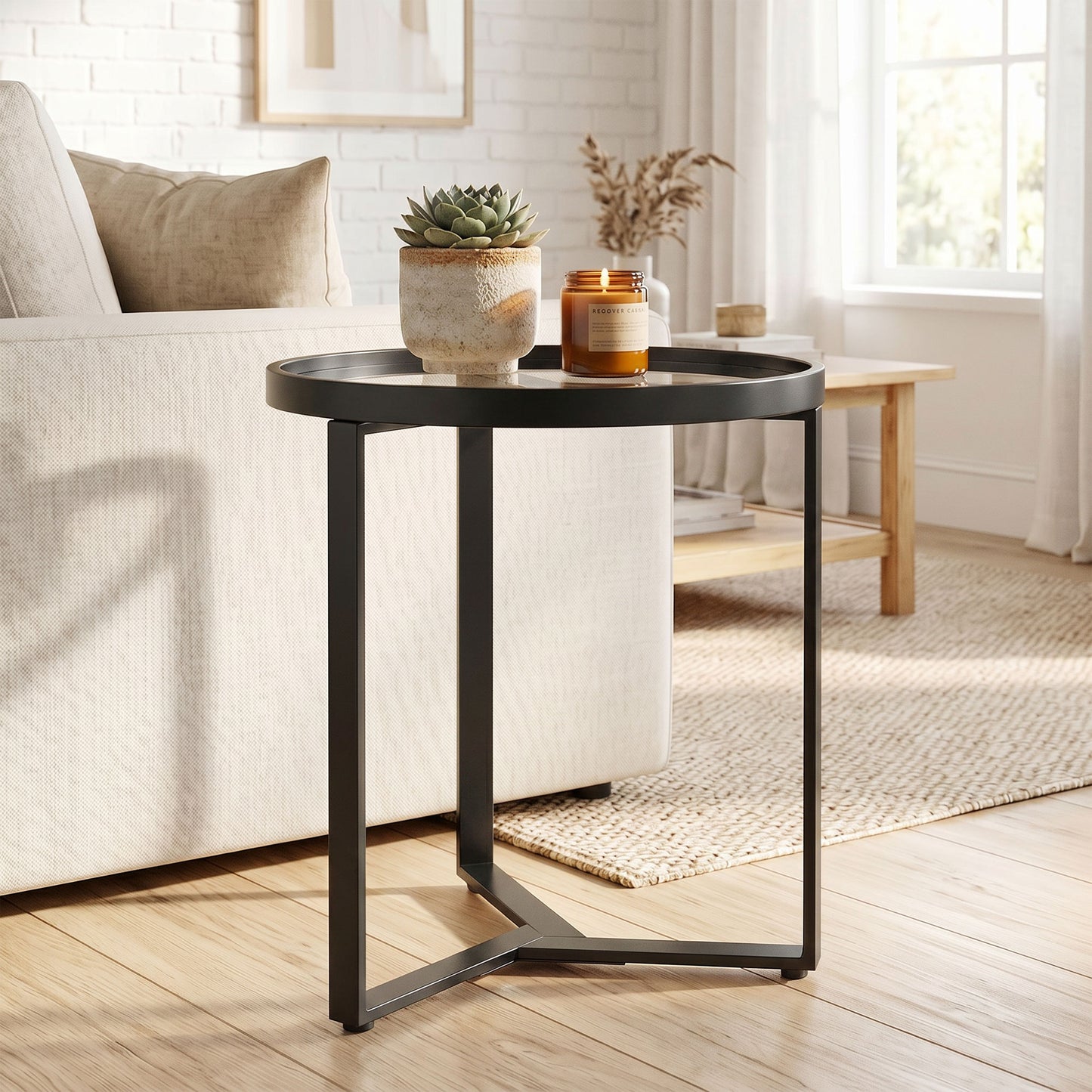 HOMCOM Round Side Table With Tempered Glass Top And Geometric Metal Frame For Small Spaces Black