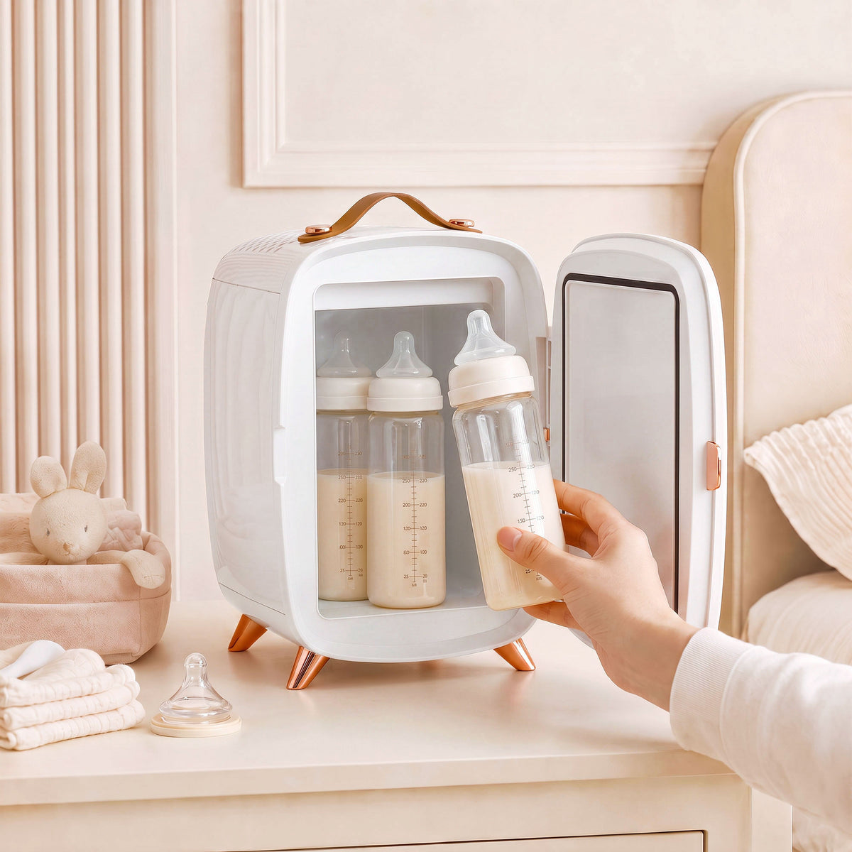 White mini refrigerator with open door holding baby bottles, rose-gold feet and trim