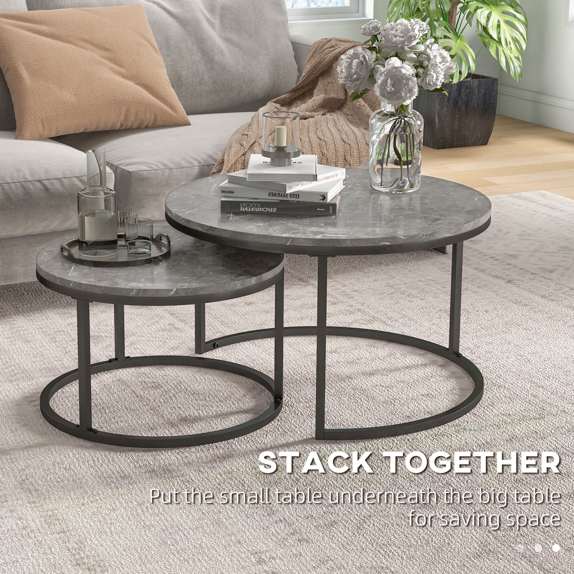 HOMCOM Set of 2 Round Industrial Nesting Coffee Tables with Faux Marble Tops and Sturdy Steel Frames - ALL4U RETAILER LTD