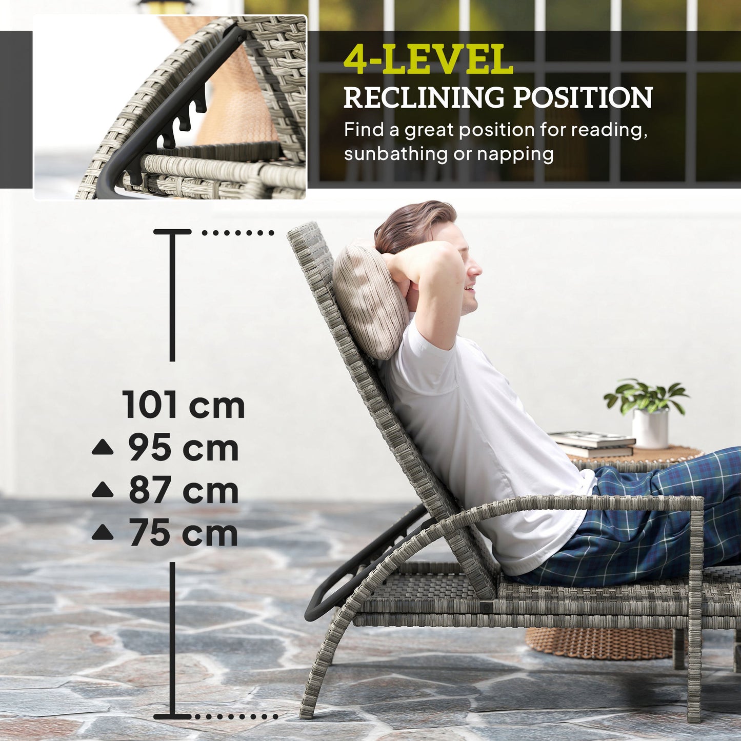 Outsunny Grey Reclining Rattan Lounger With Extending Footrest And Adjustable Back In Four Positions