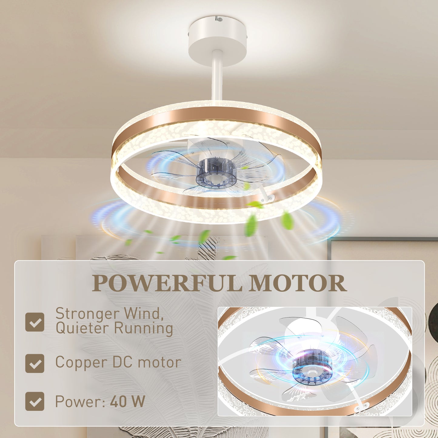 HOMCOM Ceiling Fan With LED Light And Remote Gold Tone Copper DC Motor Six Speeds And Breeze Mode