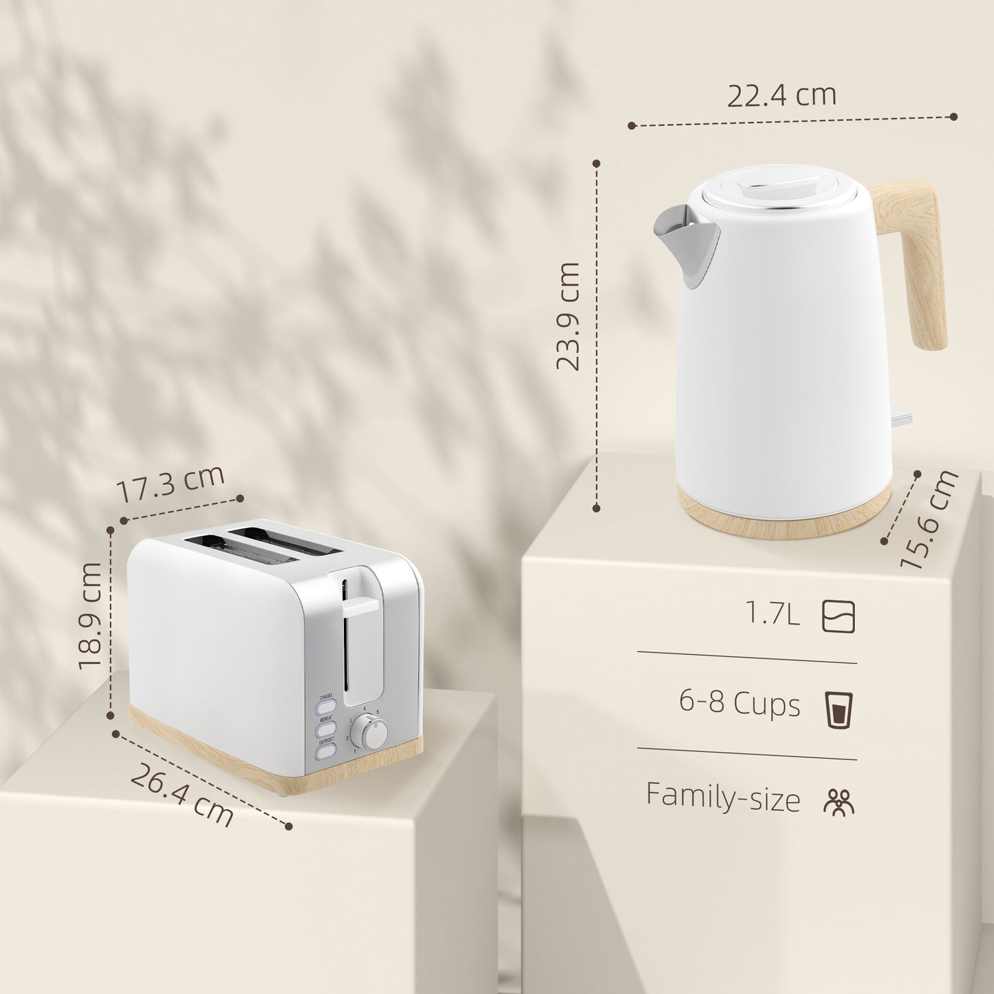 HOMCOM White Kettle and Toaster Set 1.7L 3000W 2 Slice Toaster with 7 Level Browning Defrost Reheat Auto Off