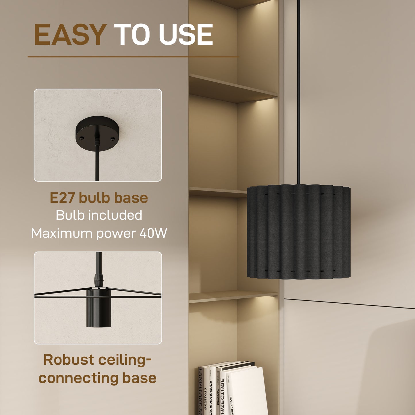HOMCOM Linen Pendant Light E27 Bulb Modern Hanging Ceiling Lamp For Living Room Bedroom Kitchen Hallway Black