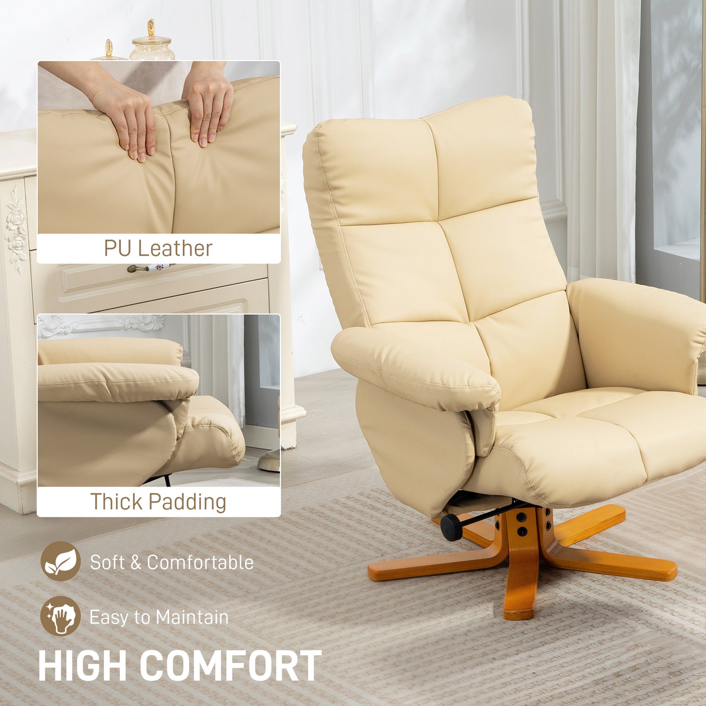 HOMCOM PU Leather Swivel Recliner Chair In Beige With Wooden Base Footstool And Hidden Storage
