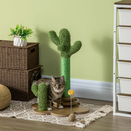 PawHut Interactive Cactus Cat Tree with Turntable Toys and Sisal Scratching Post - 60cm Green - ALL4U RETAILER LTD