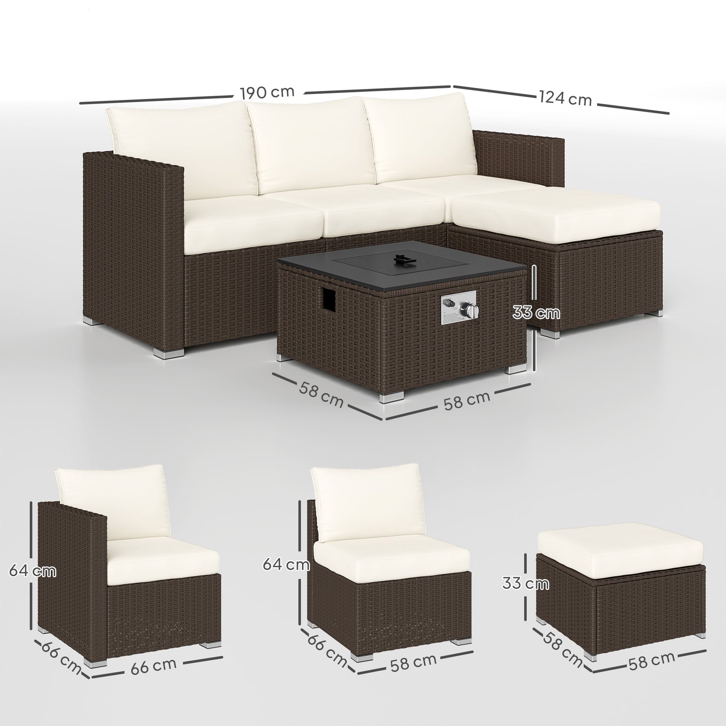 Outsunny Five Piece Rattan Garden Furniture Set With Gas Fire Pit Table And Footstool Brown And Cream White