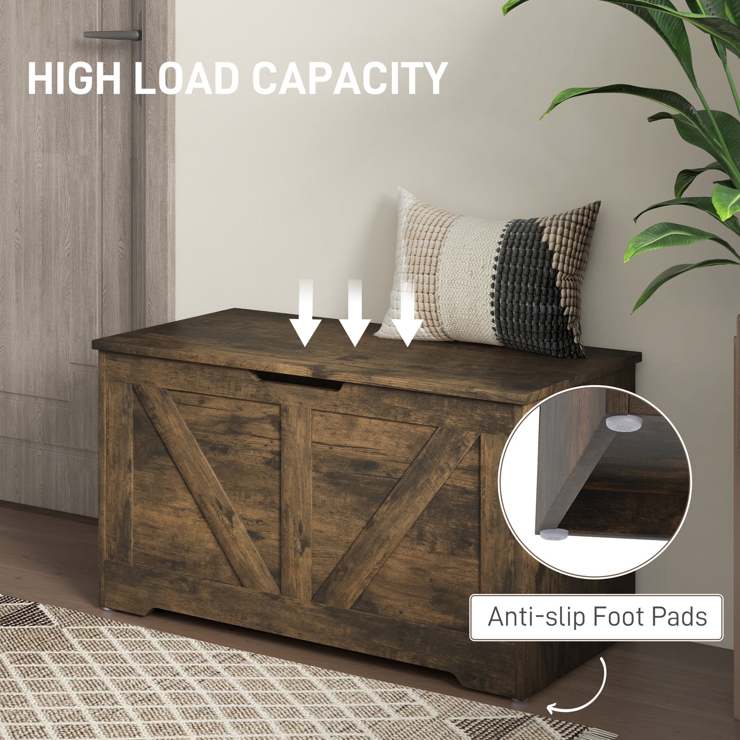 HOMCOM 100L Rustic Brown Storage Ottoman With Safety Hinges And Flat Lid For Seating