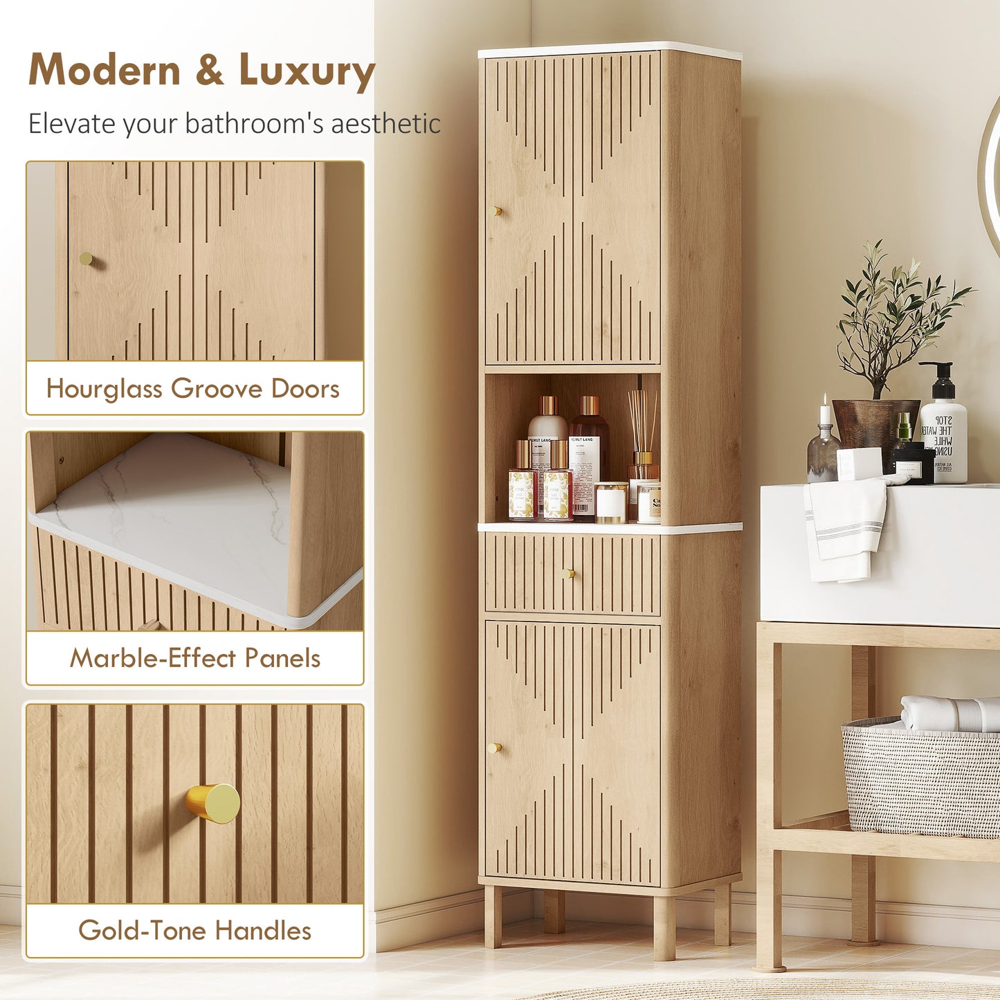 HOMCOM Slim Bathroom Cabinet With Silent Drawer Rail In Wood Finish For Scandinavian Japanese Adjustable Shelves