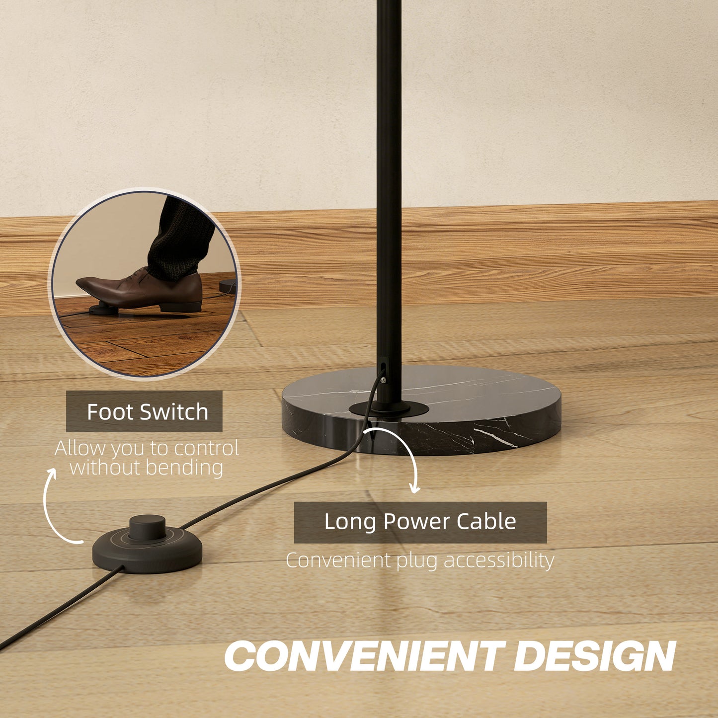 HOMCOM Arc Floor Lamp With Faux Black Marble Base Modern Adjustable Standing Lamp For Living Room