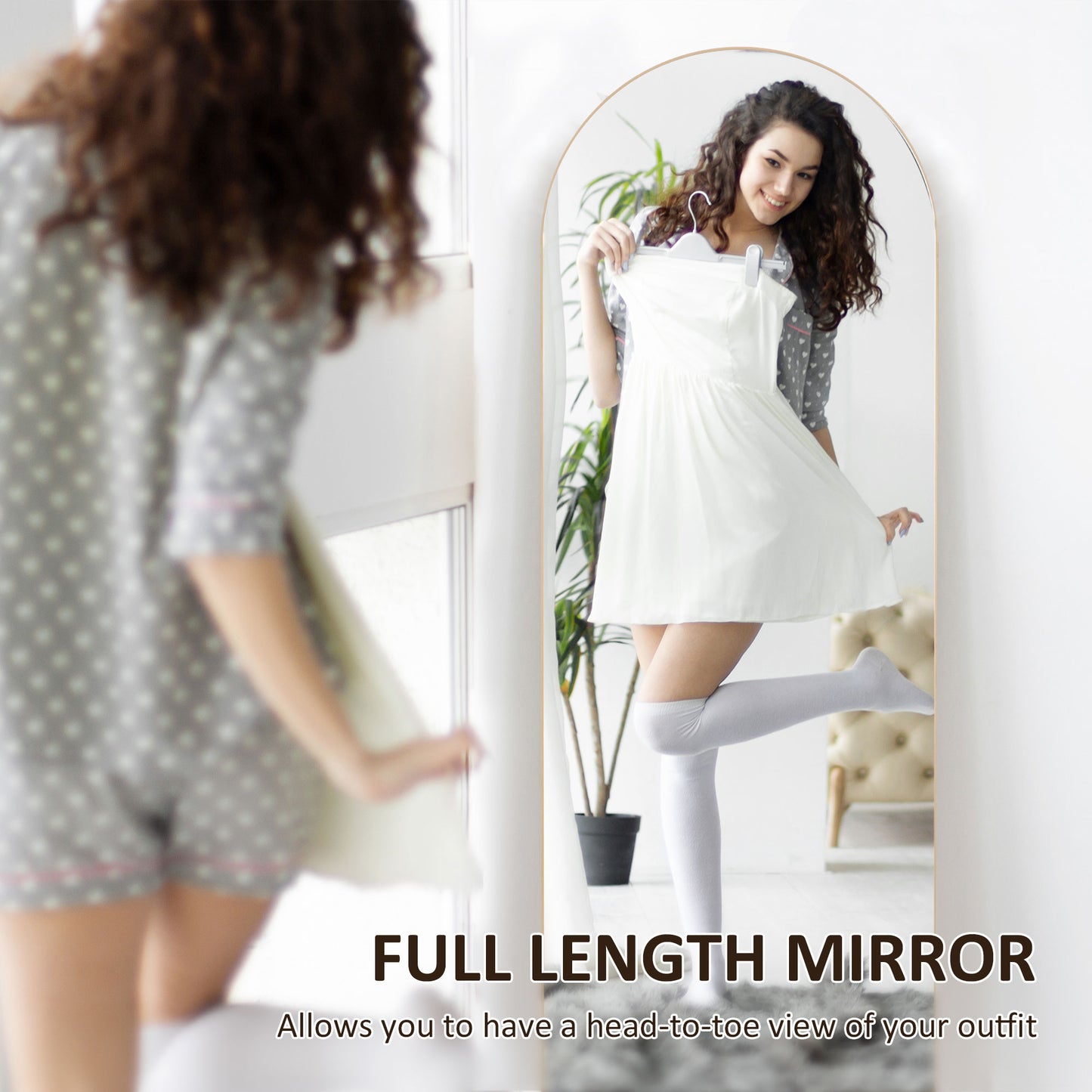 HOMCOM 150cm Arched Full Length Mirror In Gold Tone Floor Standing Or Leaning Full Body Mirror