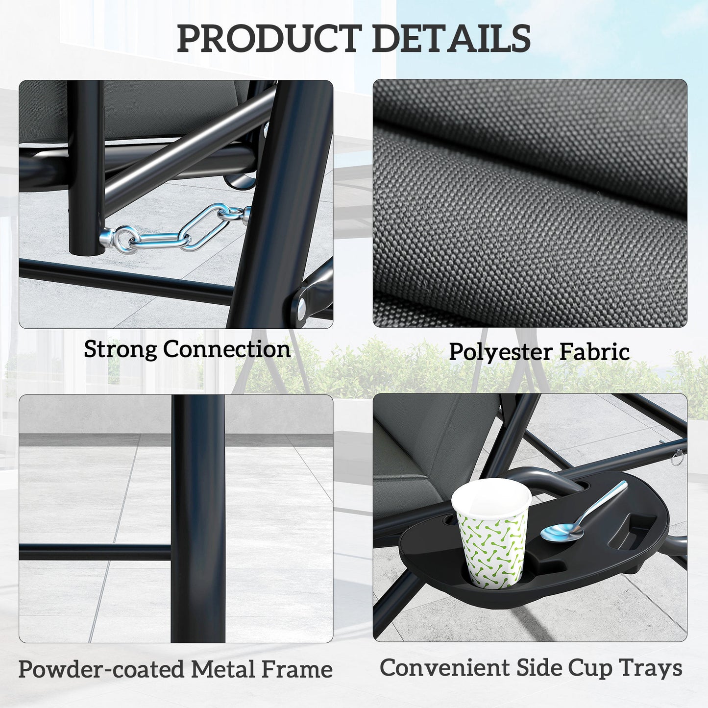 Outsunny Convertible Three Seater Swing Bench Bed With 90 Degree Canopy Side Cup Trays UPF30 Shade Dark Grey