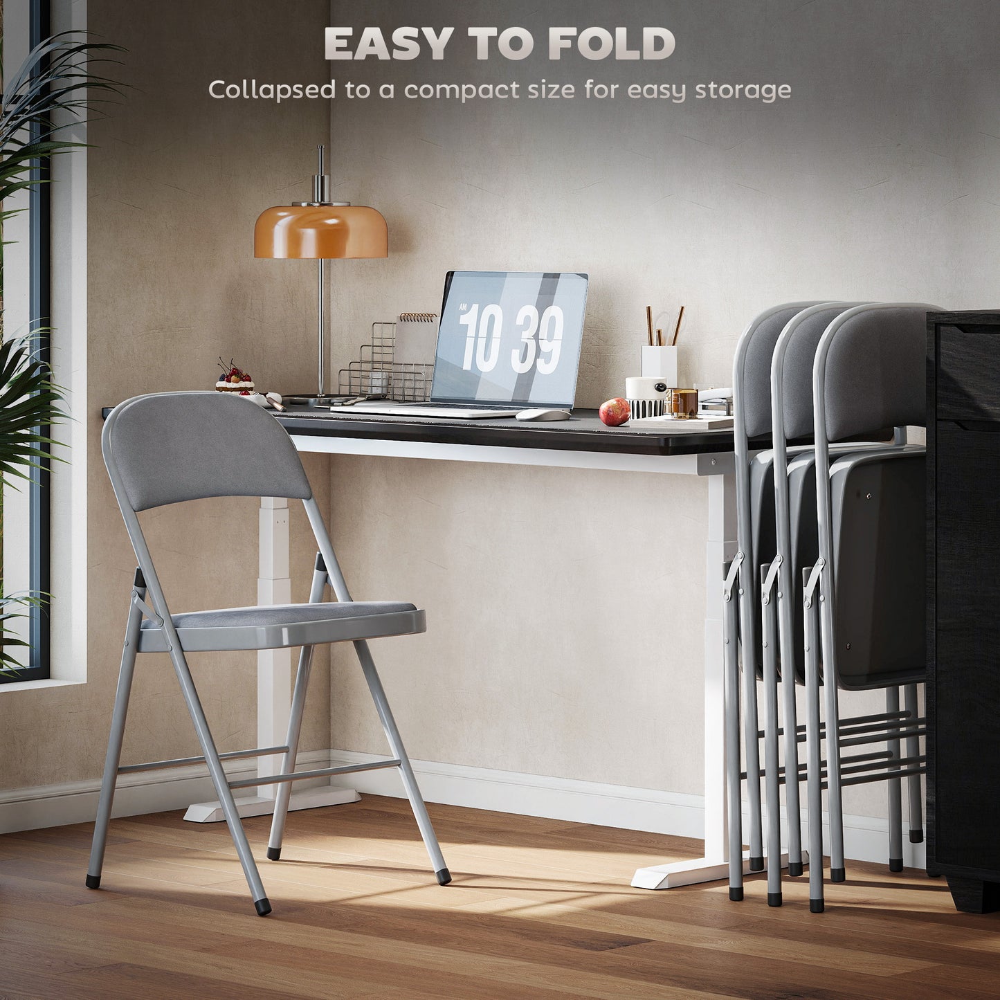 HOMCOM 4 Pack Folding Chairs With Padded Seats Velvet Portable Party Chairs With Steel Frame Light Grey