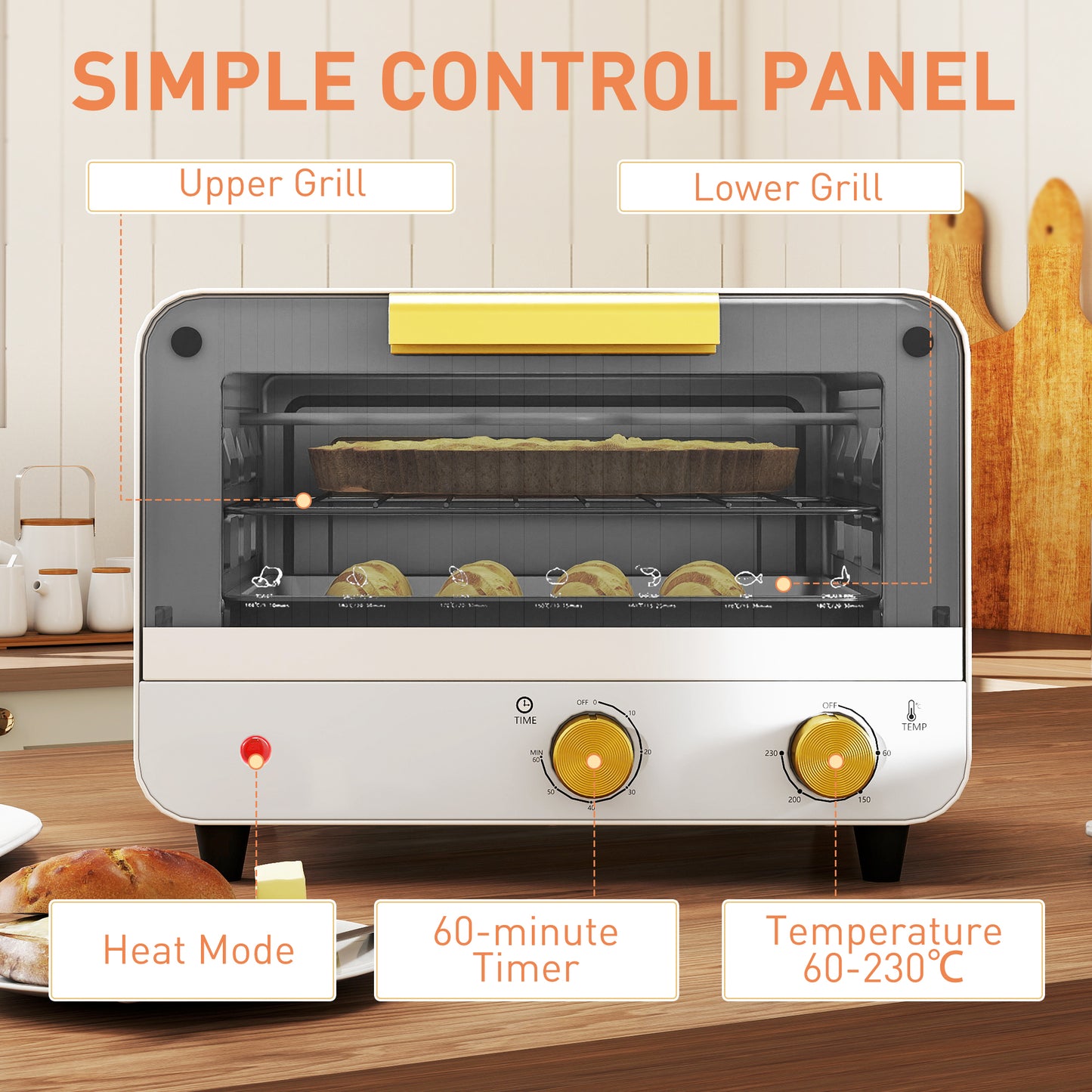 Homcom 12L Multifunction Countertop Toaster Oven With Glass Door 750W Adjustable Temperature And Timer White