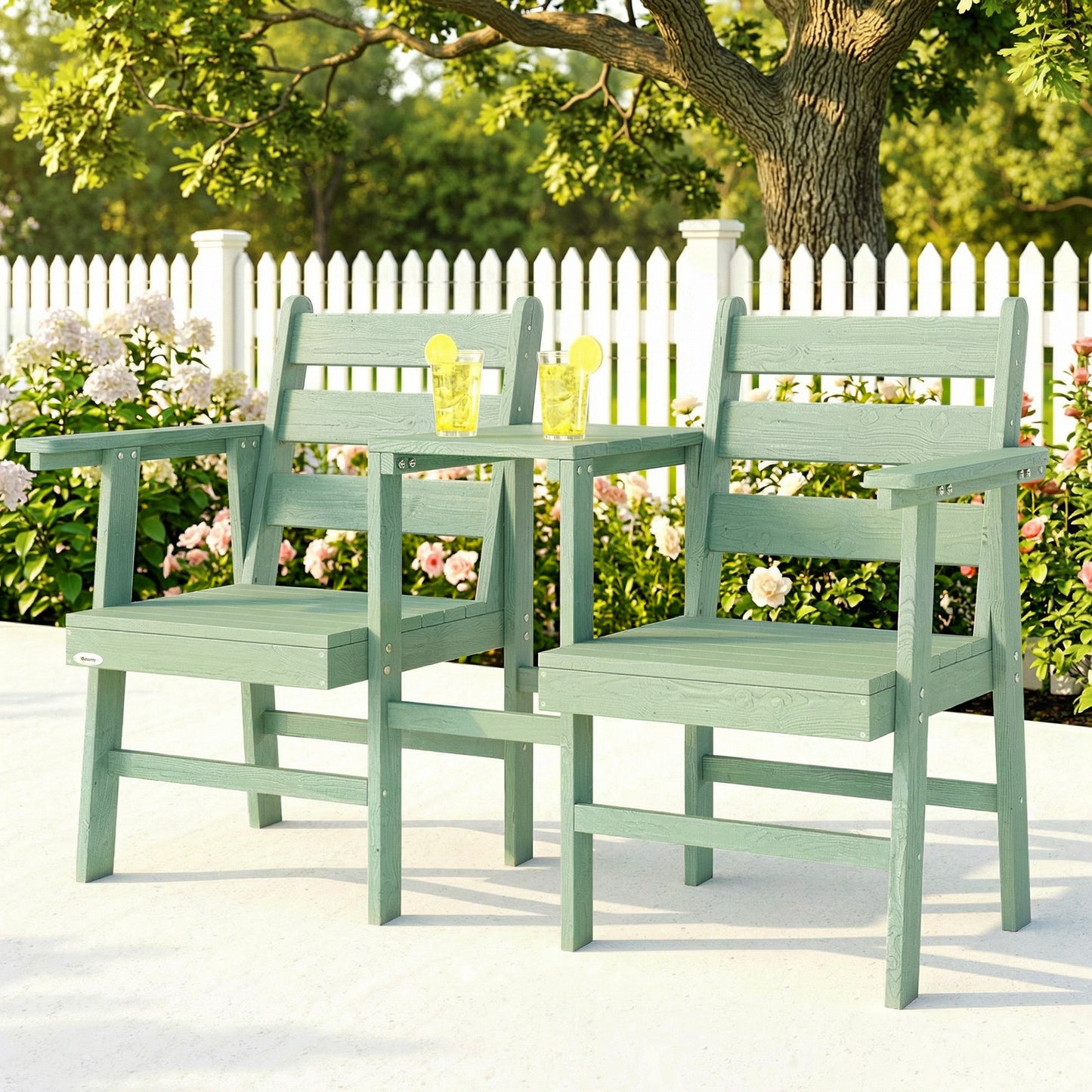 Outsunny Outdoor Garden Loveseat With Integrated Table Jack And Jill Style Embossed Wood Green