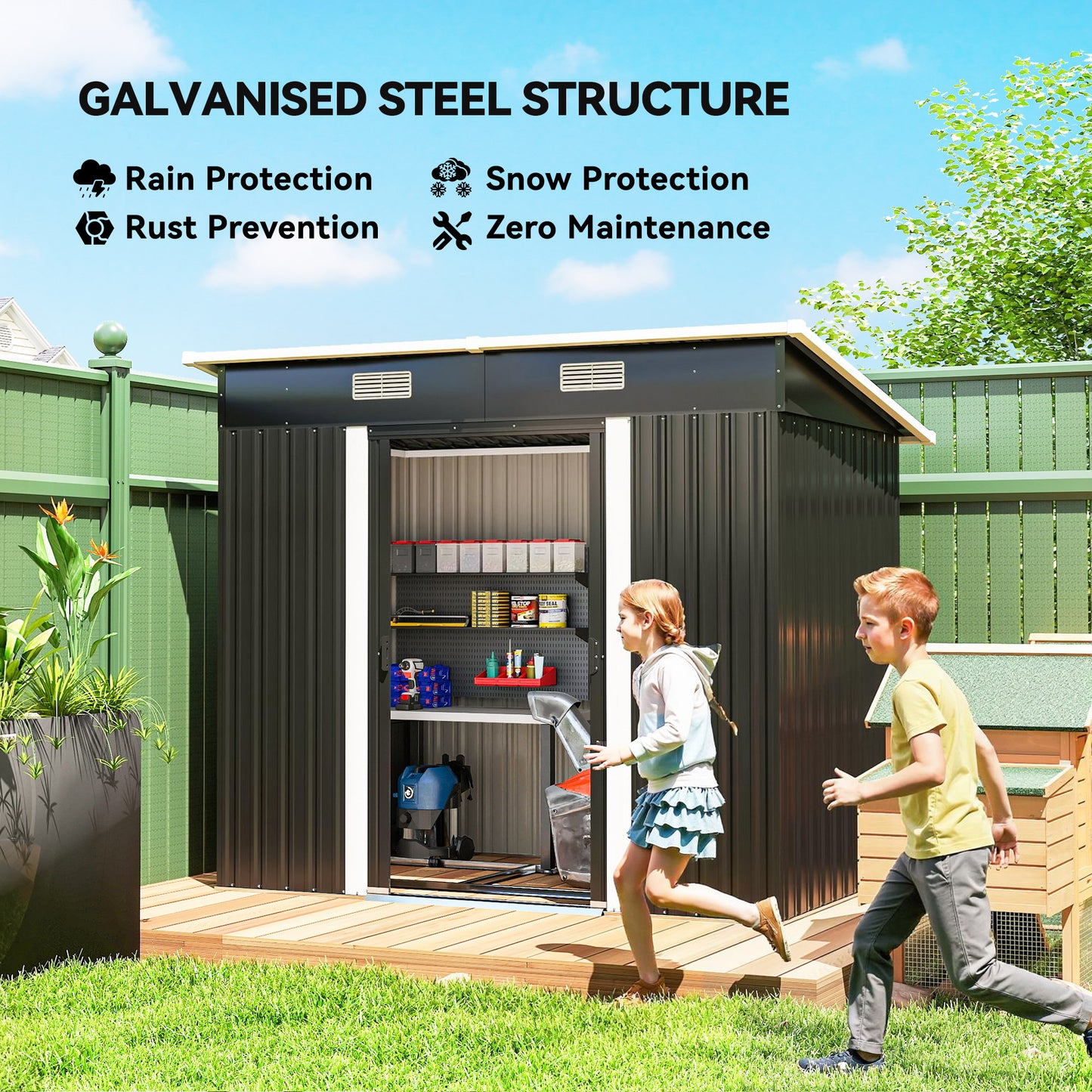 Outsunny 7x4ft Outdoor Storage Shed With Foundation Kit Lean To Metal Garden Shed For Log Rubbish Bin Tool Bike Black