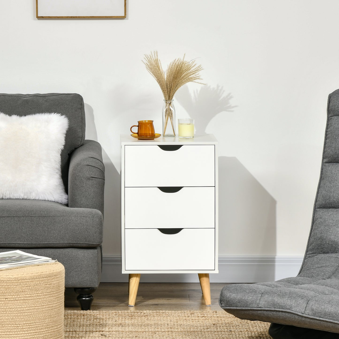 HOMCOM Set of 2 Bedside Tables Modern Nightstands With 3 Drawers and Solid Pine Wood Legs White