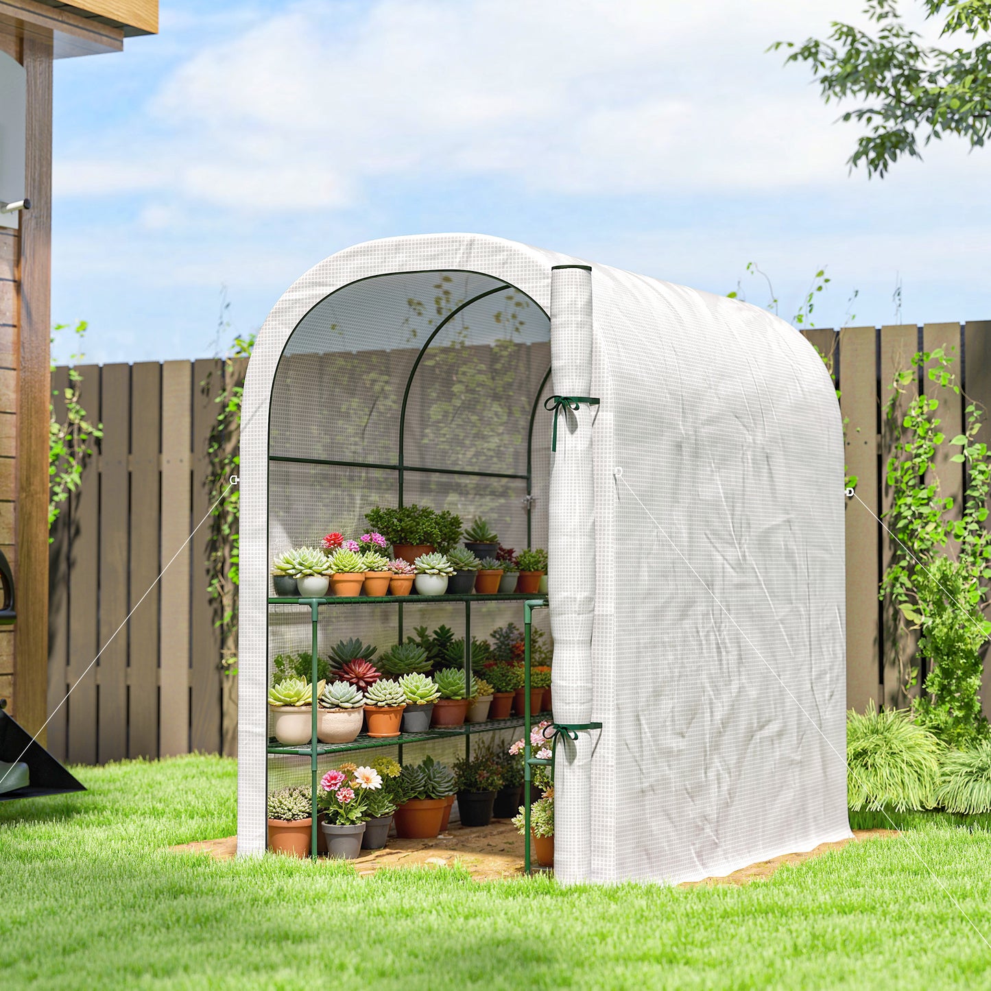 Outsunny Walk In Greenhouse With Shelves PE Cover And Roll Up Door 123 x 187 x 189 cm White