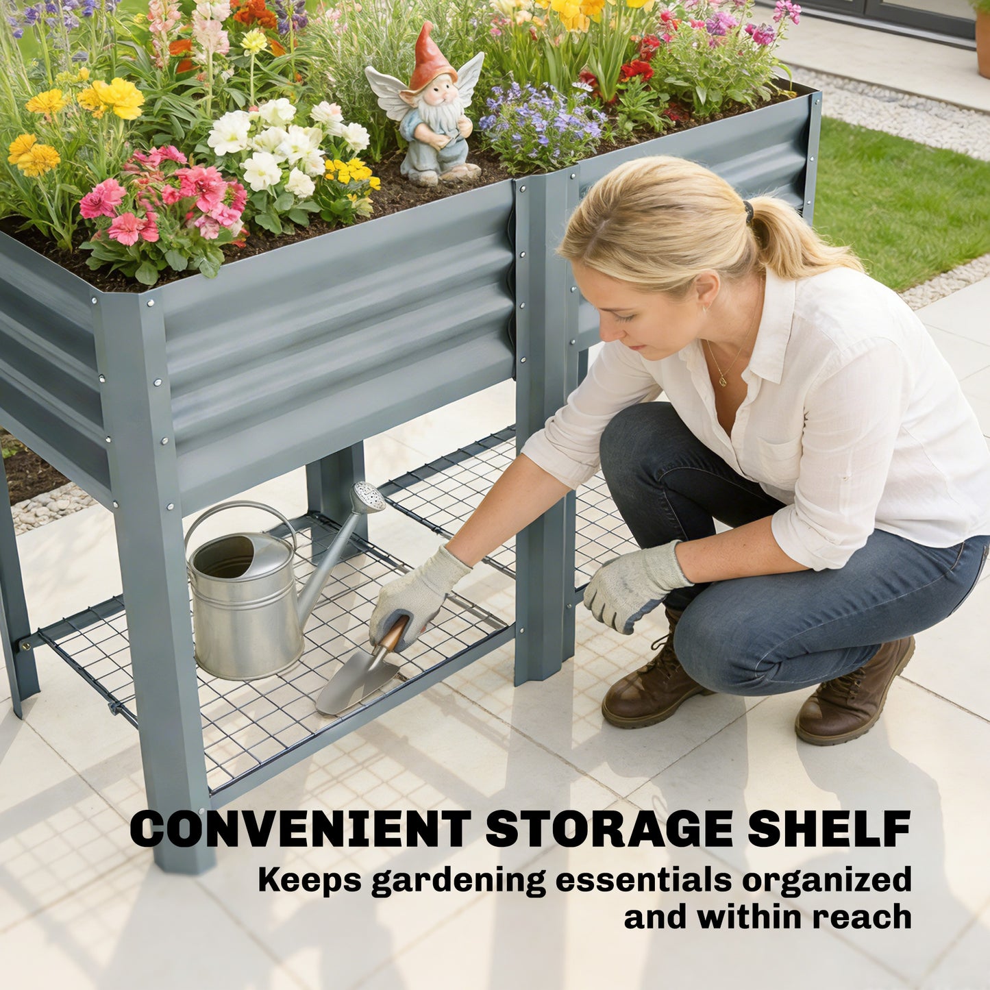 Outsunny Raised Garden Bed With Storage Shelf Steel Elevated Planter Box On Legs For Outdoor Vegetables And Flowers
