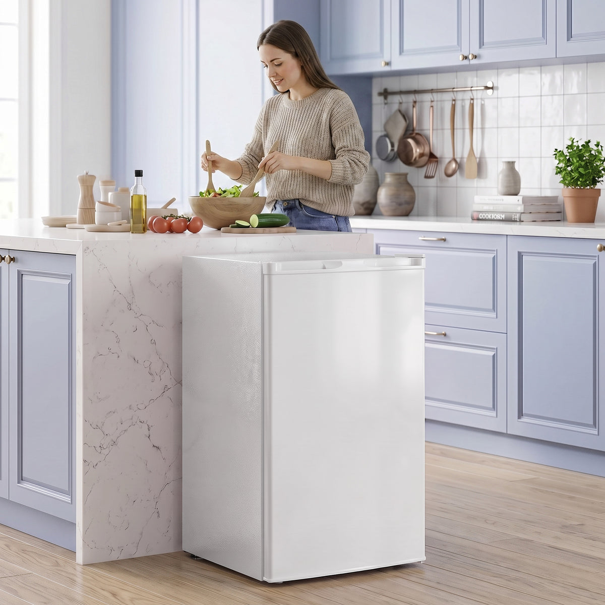 White countertop mini upright freezer with open top door, compact square body