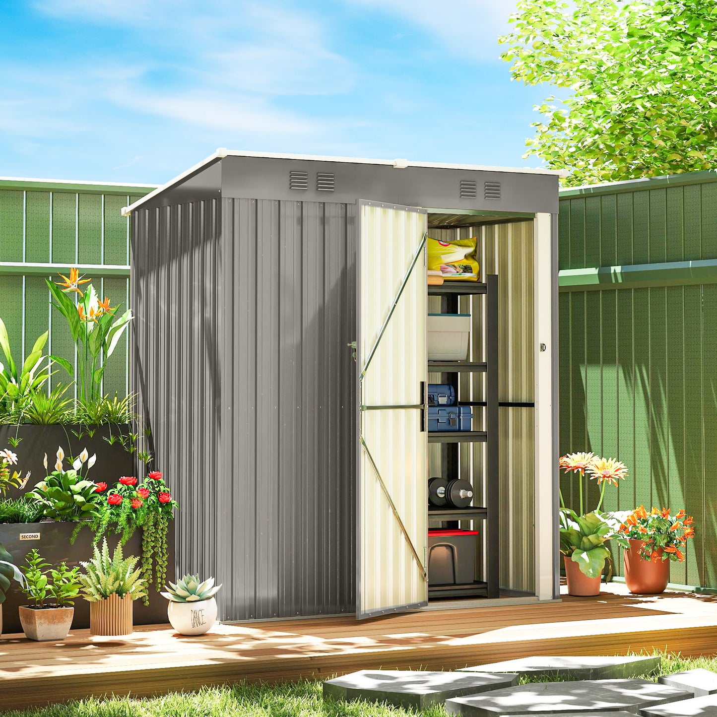Outsunny 5 x 3 ft Lean To Garden Shed Outdoor Storage Shed With Lockable Door And Vents Light Grey