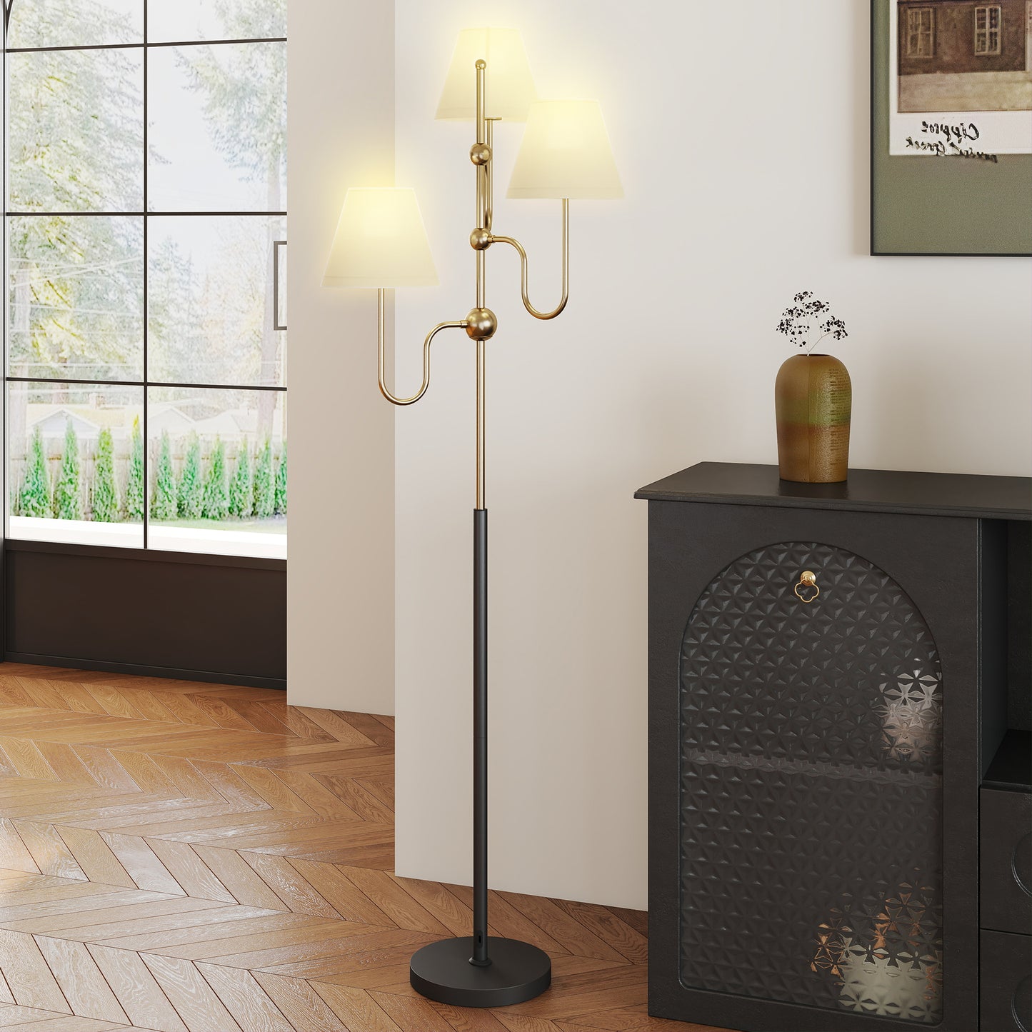 HOMCOM Floor Lamp 165 cm Standing Lamp With 3 Lights and Foot Switch For Living Room Bedroom Office E27 Base 40W Max