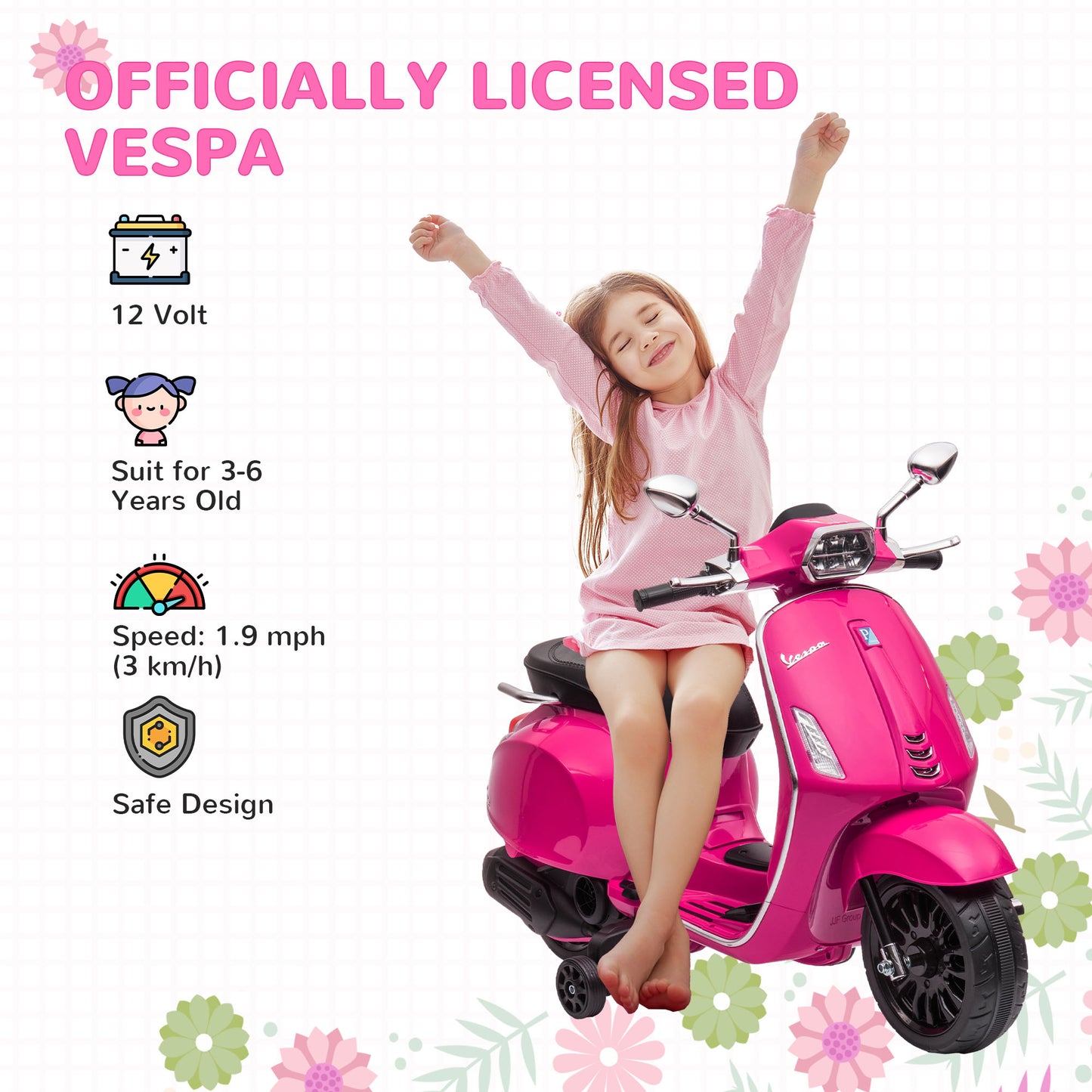 AIYAPLAY Vespa-Inspired Pink Electric Ride-On Motorbike for Kids Aged 3-6 with Music and Lights - ALL4U RETAILER LTD