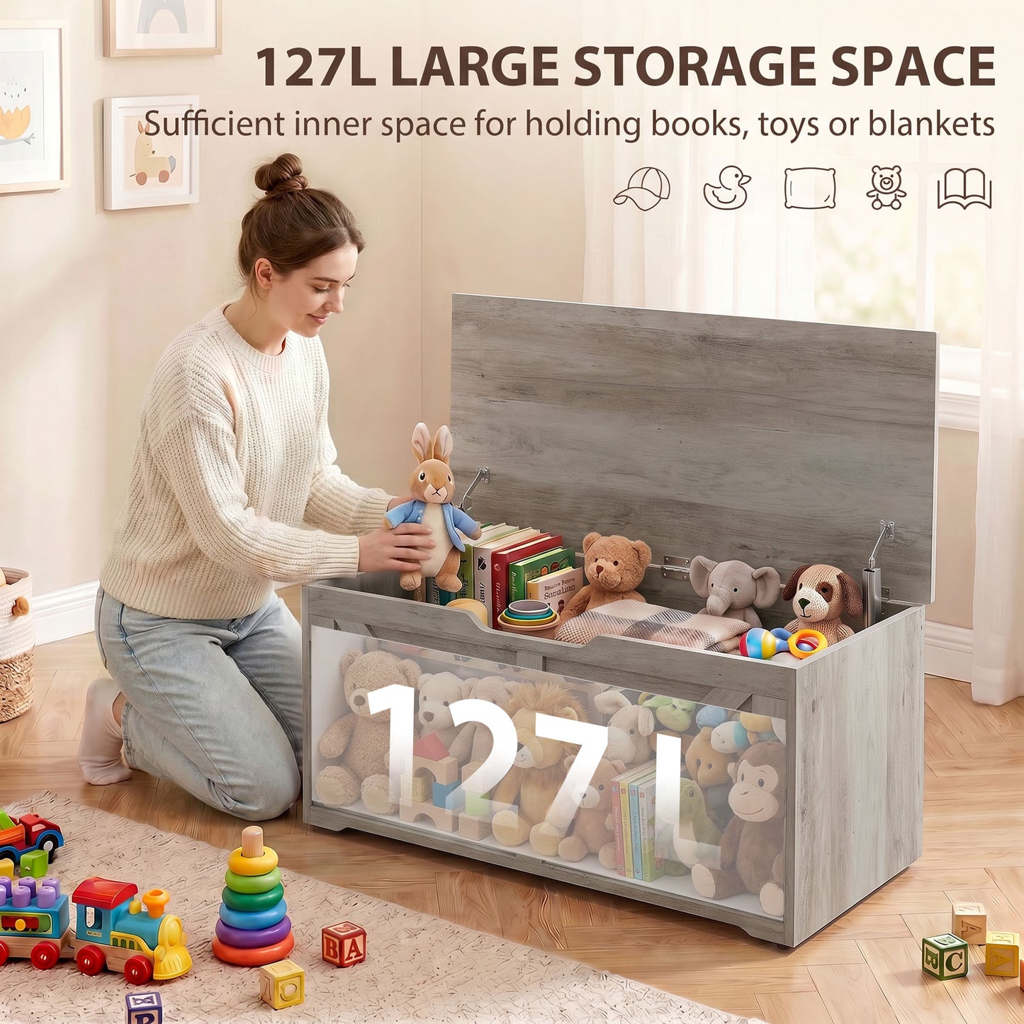 HOMCOM 127L Storage Box Bench With Safety Hinges Grey Wood Effect Durable Particle Board