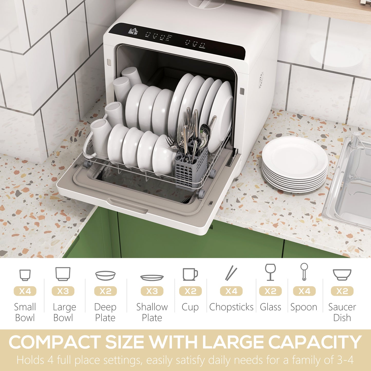 HOMCOM Compact Mini Tabletop Dishwasher with Touch Control, 4 Place Settings, 6 Wash Programs & 6L Water Tank - ALL4U RETAILER LTD