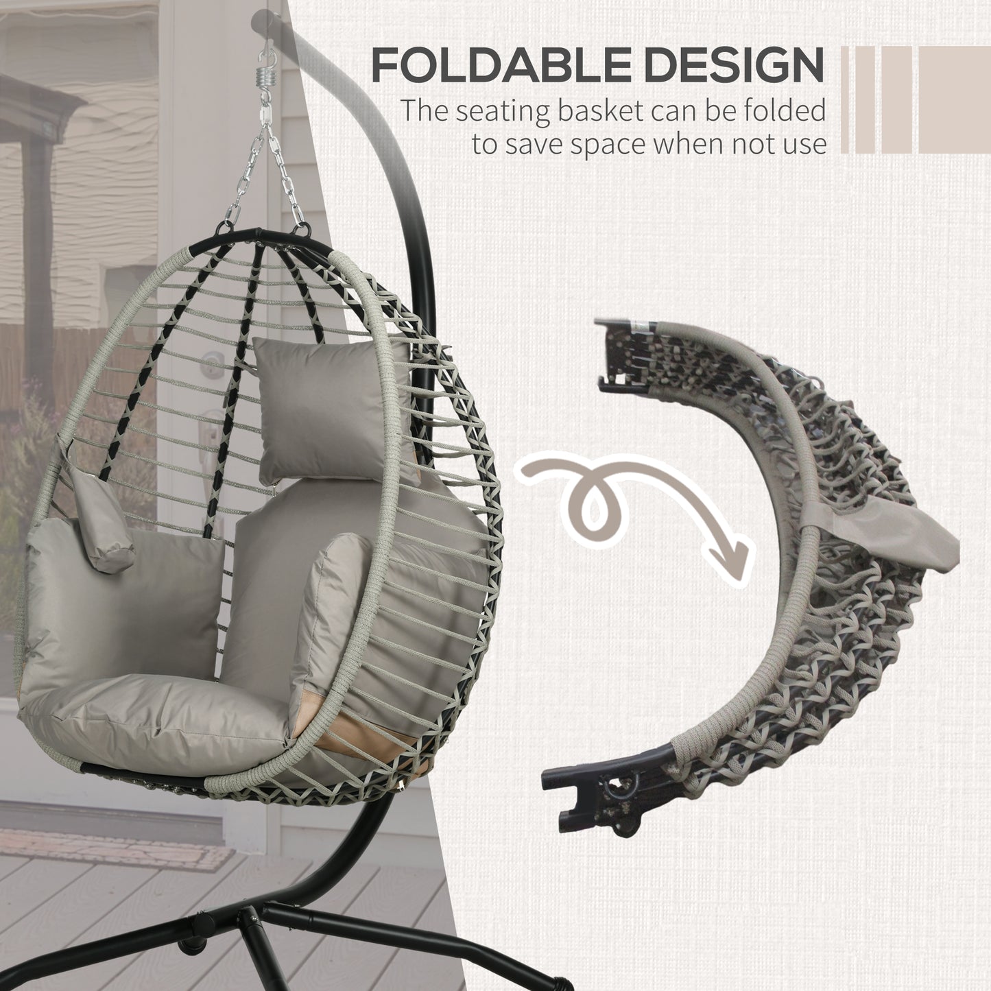 Outsunny Hanging Egg Chair with Padded Cushion and Metal Stand, Foldable Design with Cup Holder - ALL4U RETAILER LTD