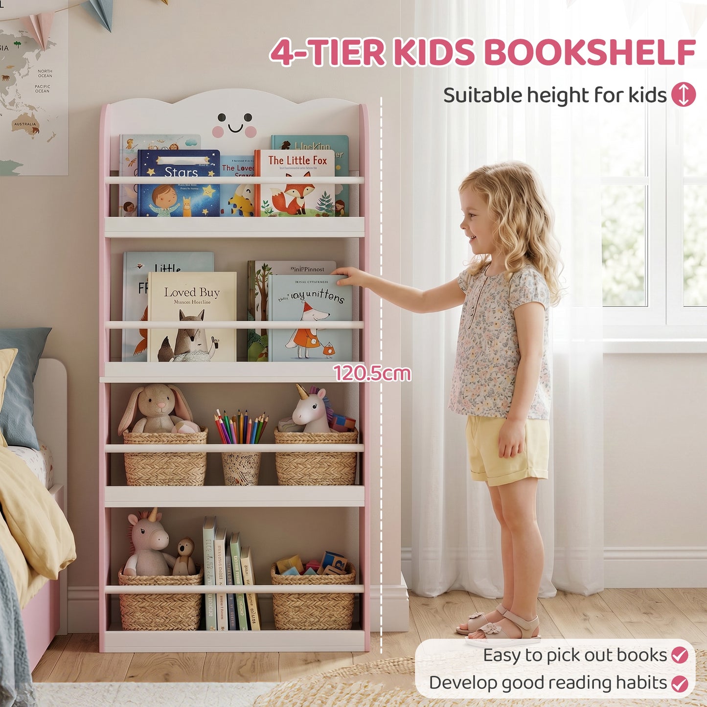 AIYAPLAY 4 Tier Kids Bookshelf Wall Mounted Pink Bookcase Toddler Playroom And Kids Room
