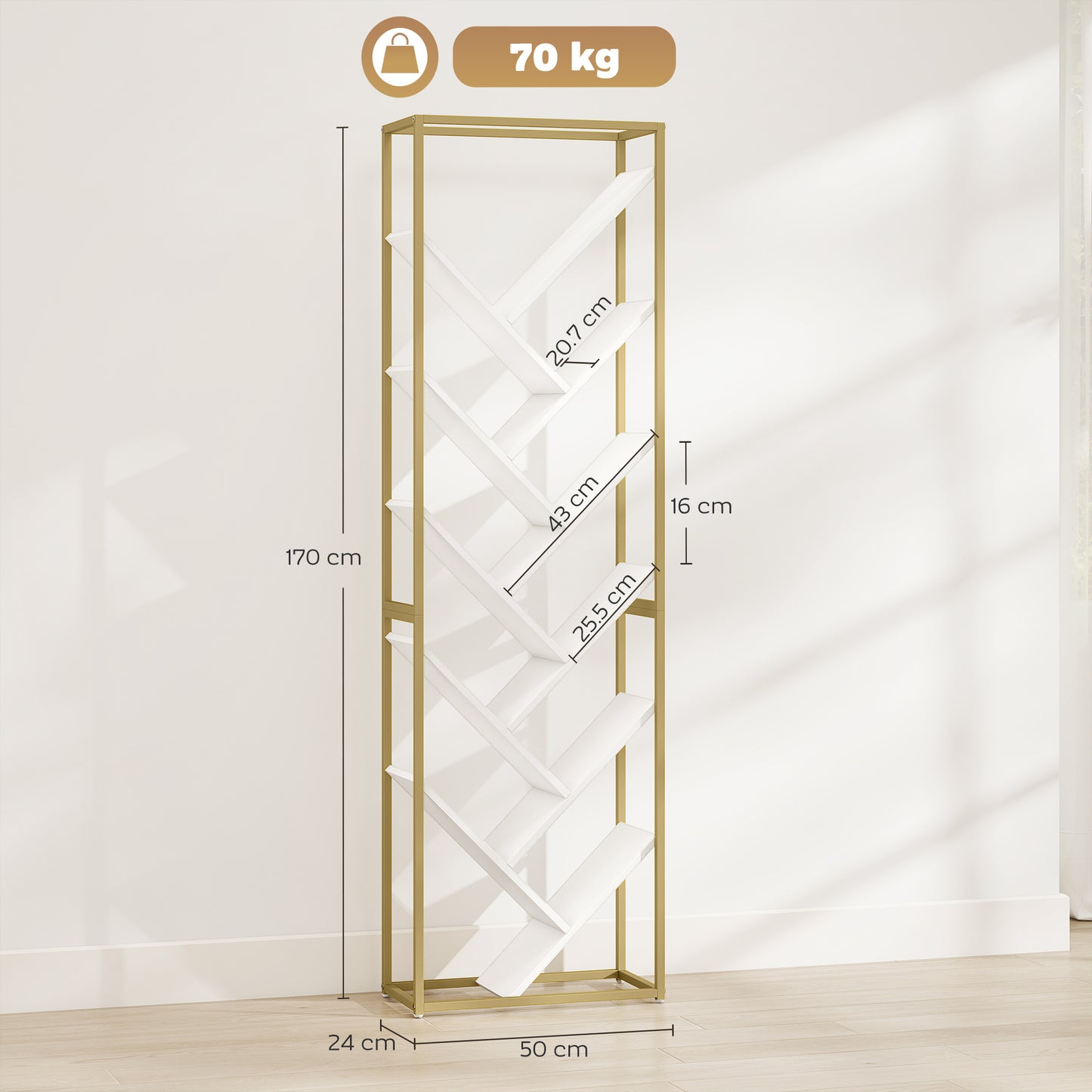 HOMCOM 10 Shelf Modern Style Tree Bookshelf Gold Tone White Tall 170 cm Space Saving Floor Standing