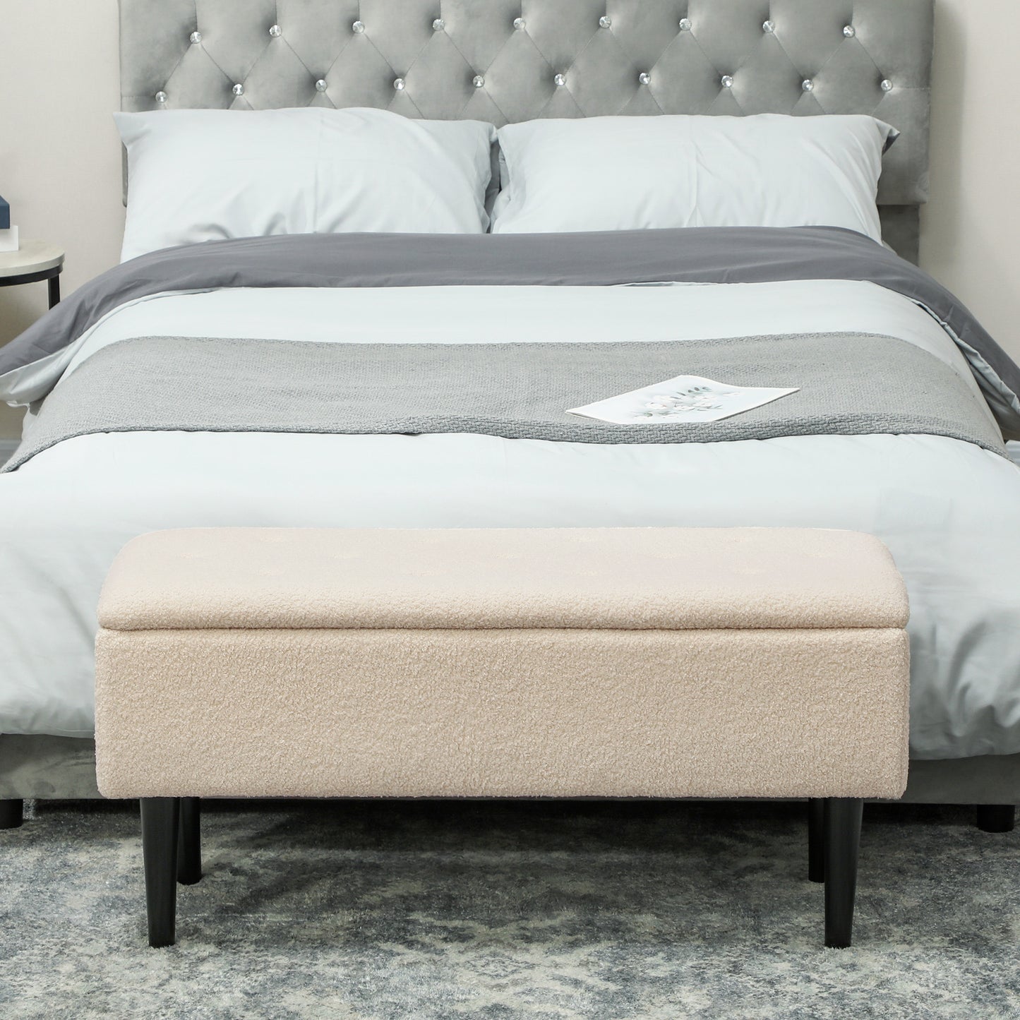 HOMCOM 57L Teddy Fleece Storage Ottoman Cream With Lift Lid Seat Double Duty For Bedroom Hallway Living Room