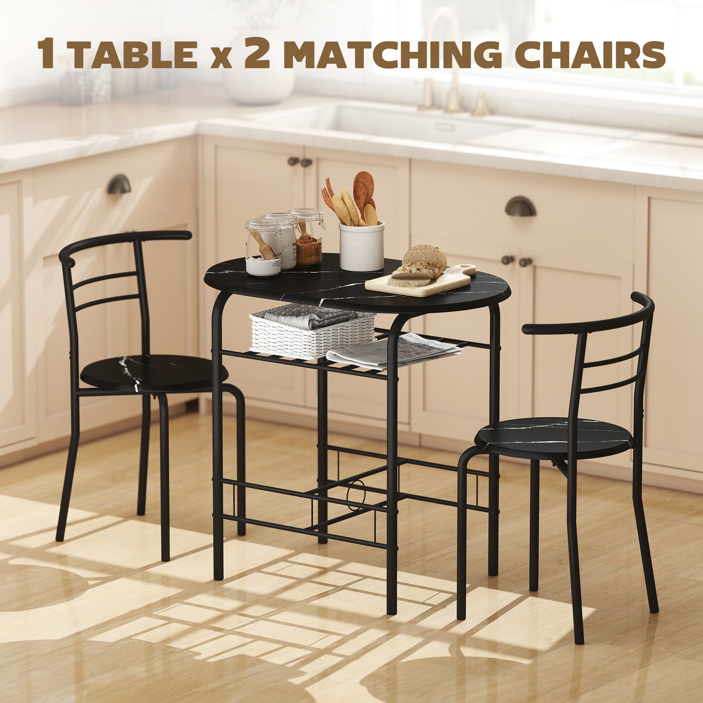 HOMCOM Three Piece Compact Dining Set With Marble Effect MDF Tabletops And Metal Frames Black With Under Table Shelf
