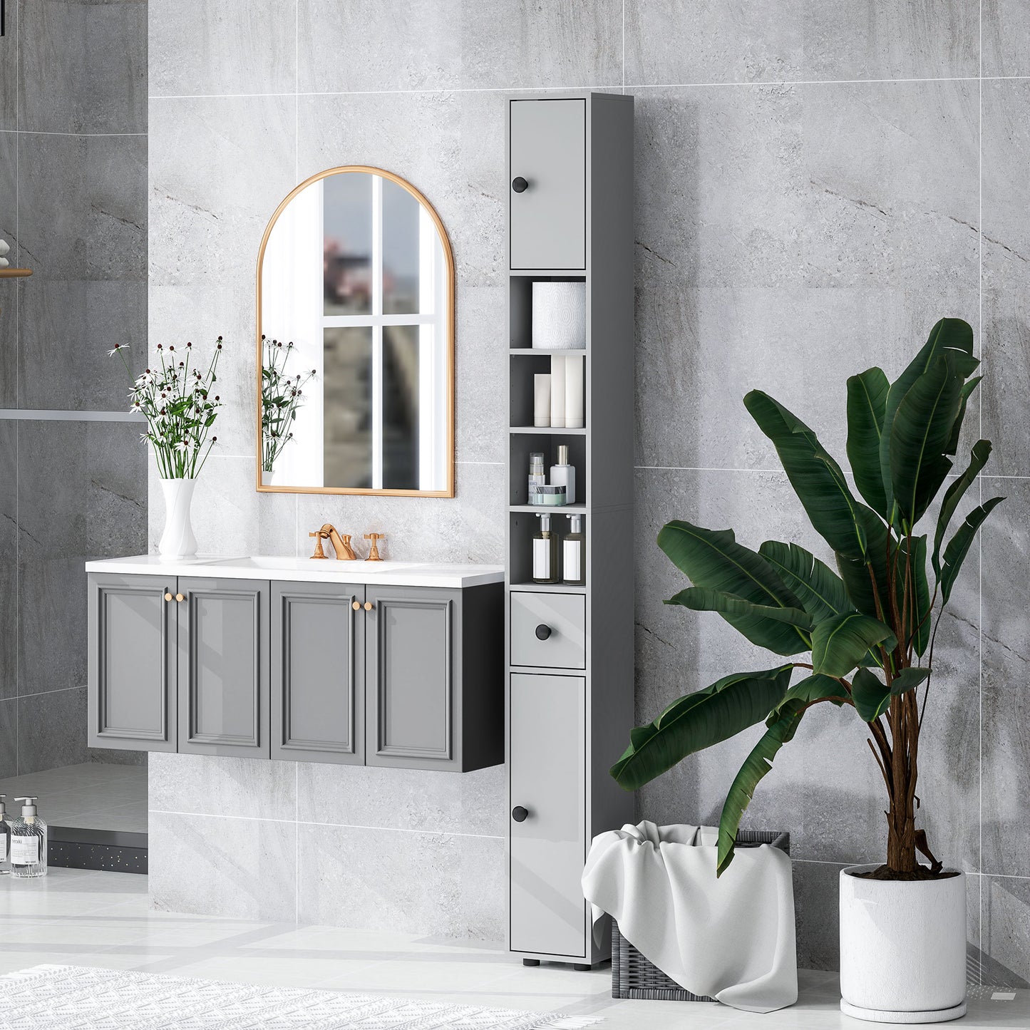 Kleankin 180cm Slim Bathroom Cabinet With Drawer Shelves And Cupboards Grey For Small Bathrooms