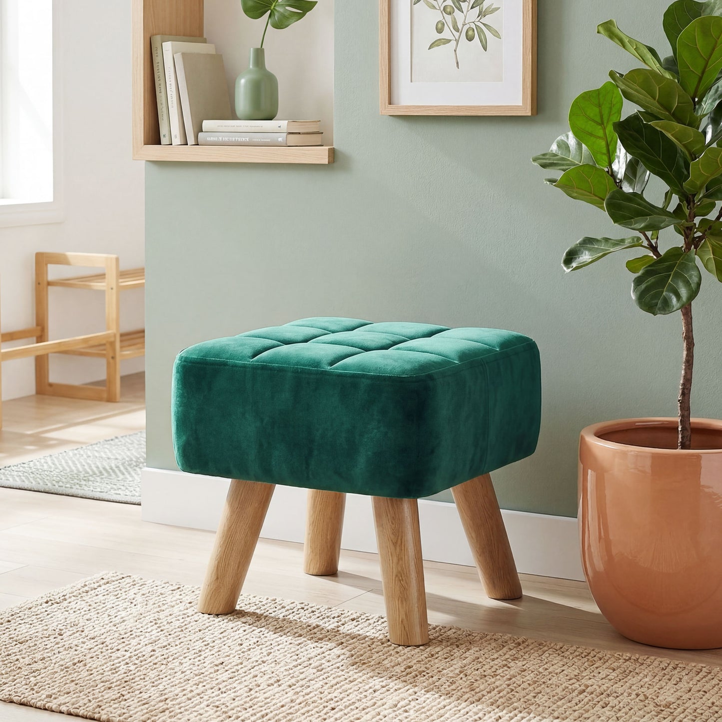 HOMCOM Velvet Square Padded Footstool with Tufted Top and Wooden Legs Dark Green