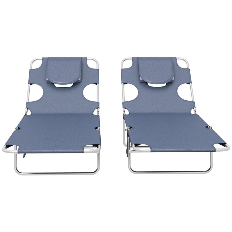 Outsunny Foldable Sun Lounger Set of 2, Portable Reclining Lounge Chairs with Reading Hole, 5-Level Adjustable Backrest, Side Pocket, Headrest Pillow, Grey - ALL4U RETAILER LTD