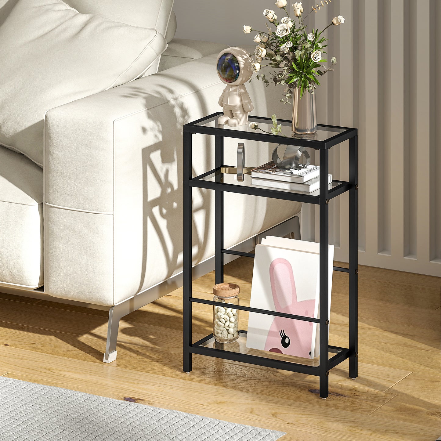 HOMCOM Three Tier Side Table With Tempered Glass Top And Storage Shelf For Small Spaces Black
