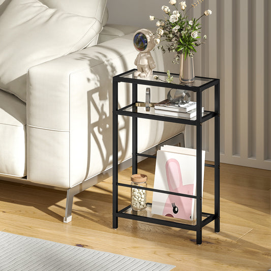 HOMCOM Three Tier Side Table With Tempered Glass Top And Storage Shelf For Small Spaces Black